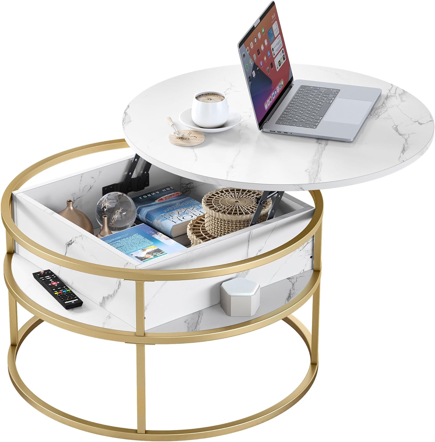 YITAHOME Round Lift Top Coffee Table, Coffee Tables for Living Room with Hidden Storage Compartment, Modern Coffee Table with Storage for Home Office,Round Center Tables Living Room,White and Gold - Grand Goldman