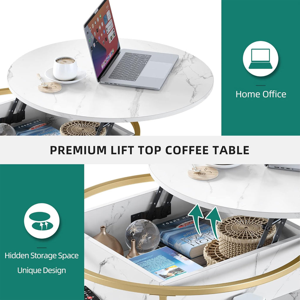 YITAHOME Round Lift Top Coffee Table, Coffee Tables for Living Room with Hidden Storage Compartment, Modern Coffee Table with Storage for Home Office,Round Center Tables Living Room,White and Gold - Grand Goldman