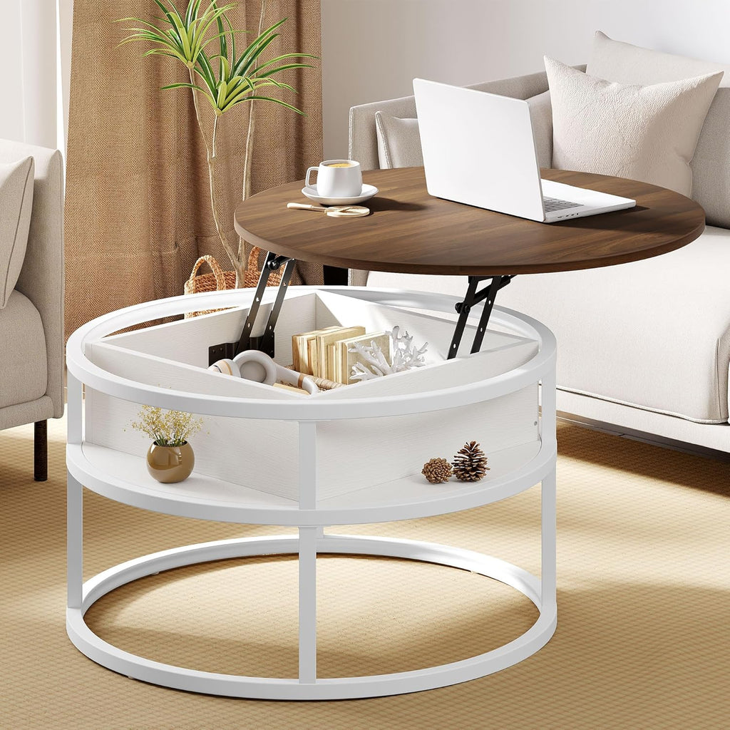 YITAHOME Round Lift Top Coffee Table, Coffee Tables for Living Room with Hidden Storage Compartment, Modern Coffee Table with Storage for Home Office,Round Center Tables Living Room,White and Gold - Grand Goldman