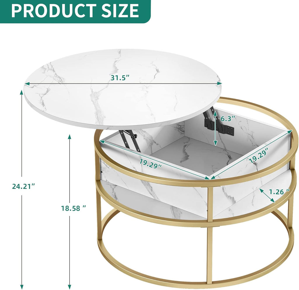 YITAHOME Round Lift Top Coffee Table, Coffee Tables for Living Room with Hidden Storage Compartment, Modern Coffee Table with Storage for Home Office,Round Center Tables Living Room,White and Gold - Grand Goldman