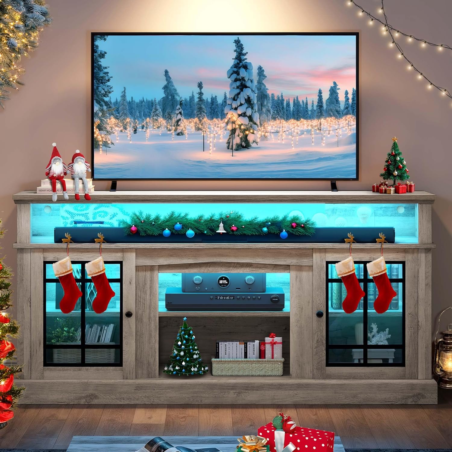 YITAHOME White TV Stand for 75/65 Inch TVs, 32'' Tall Mid Century Modern TV Cabinet with Adjustable Shelves and Glass Doors, Modern Entertainment Center TV Media Console Table for Living Room - Grand Goldman