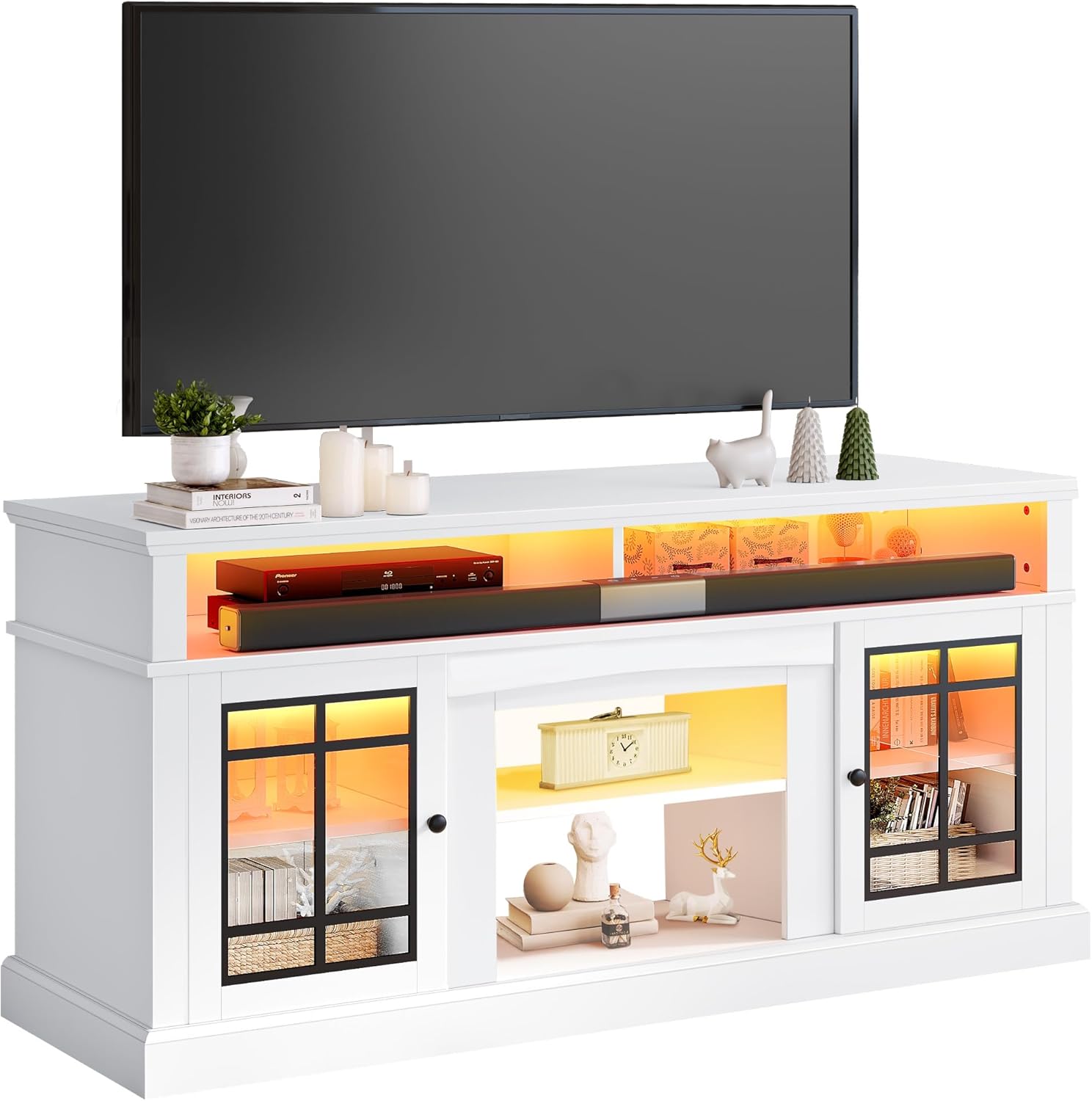 YITAHOME White TV Stand for 75/65 Inch TVs, 32'' Tall Mid Century Modern TV Cabinet with Adjustable Shelves and Glass Doors, Modern Entertainment Center TV Media Console Table for Living Room - Grand Goldman
