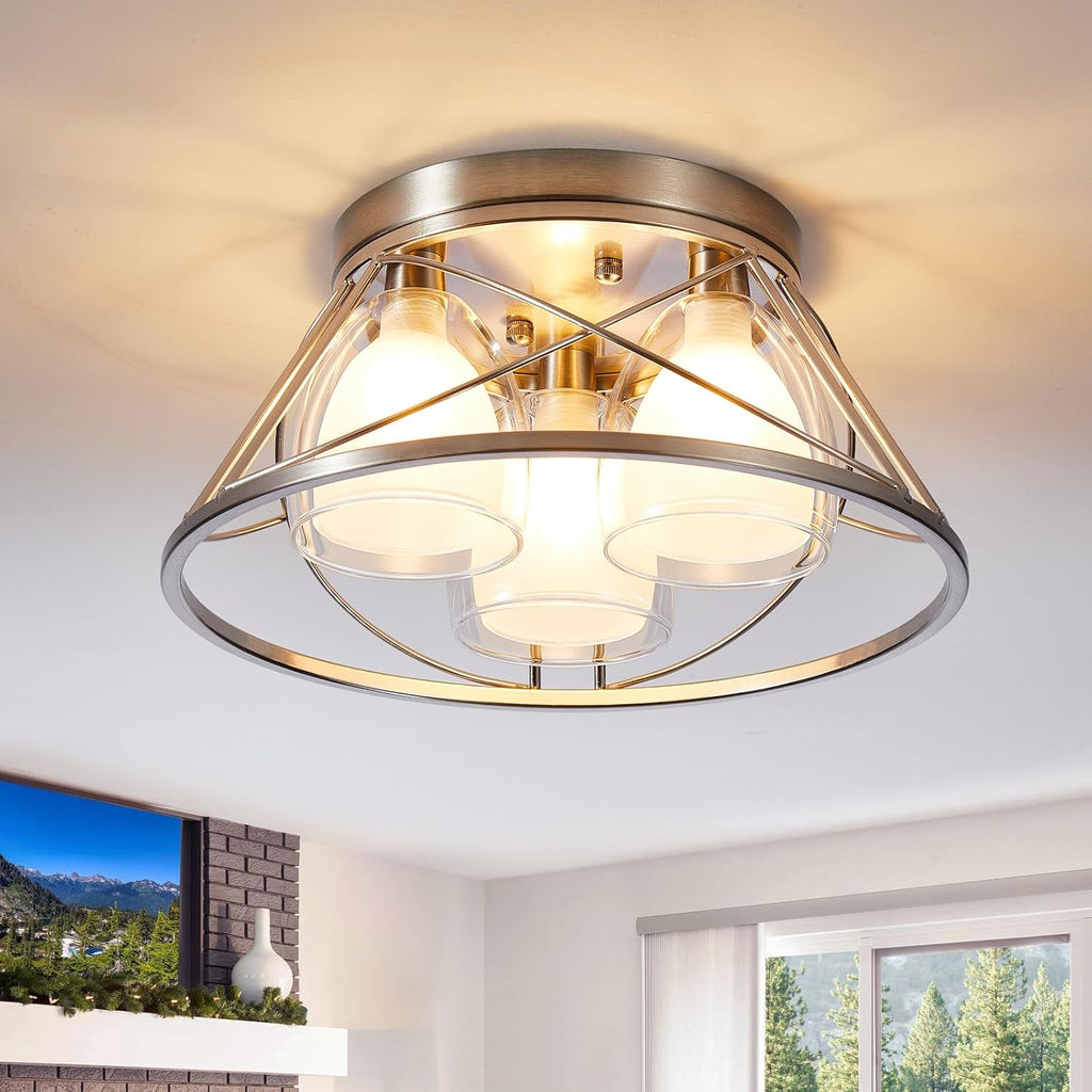 YYT 3-Light Semi Flush Mount Ceiling Light, Brushed Nickel Ceiling Light Fixtures, Industrial Kitchen Lighting Fixtures Ceiling, Ceiling Lights for Hallway with Metal Cage Clear Glass Shade - G9 Bulb - Grand Goldman