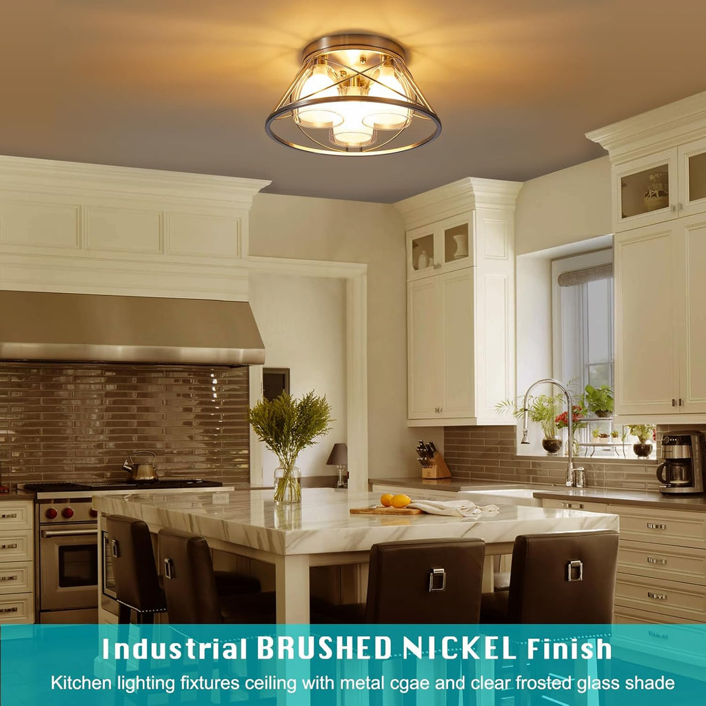 YYT 3-Light Semi Flush Mount Ceiling Light, Brushed Nickel Ceiling Light Fixtures, Industrial Kitchen Lighting Fixtures Ceiling, Ceiling Lights for Hallway with Metal Cage Clear Glass Shade - G9 Bulb - Grand Goldman