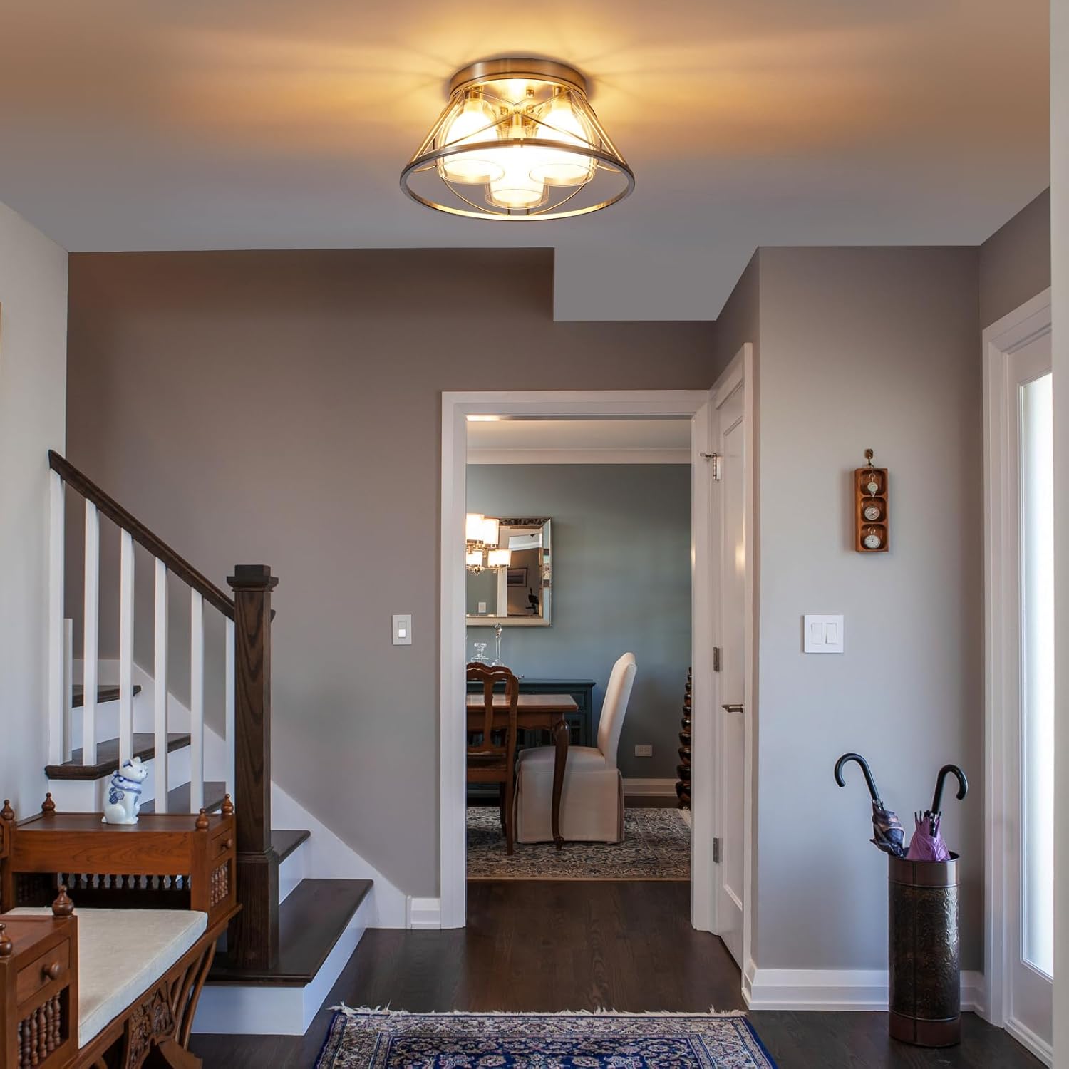 YYT 3-Light Semi Flush Mount Ceiling Light, Brushed Nickel Ceiling Light Fixtures, Industrial Kitchen Lighting Fixtures Ceiling, Ceiling Lights for Hallway with Metal Cage Clear Glass Shade - G9 Bulb - Grand Goldman