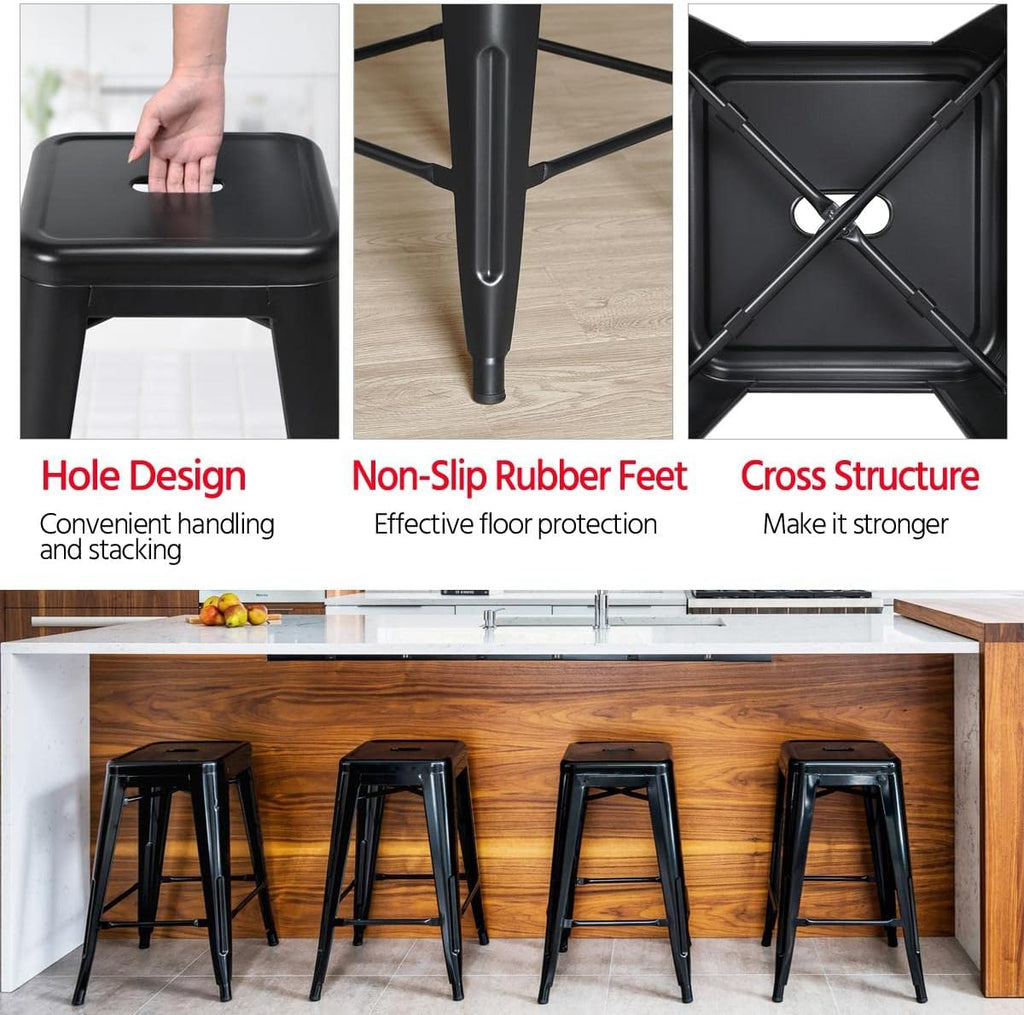 Yaheetech 24 inch barstools Set of 4 Counter Height Metal Bar Stools, Indoor/Outdoor Stackable Bartool Industrial High Backless Stools Black - Grand Goldman