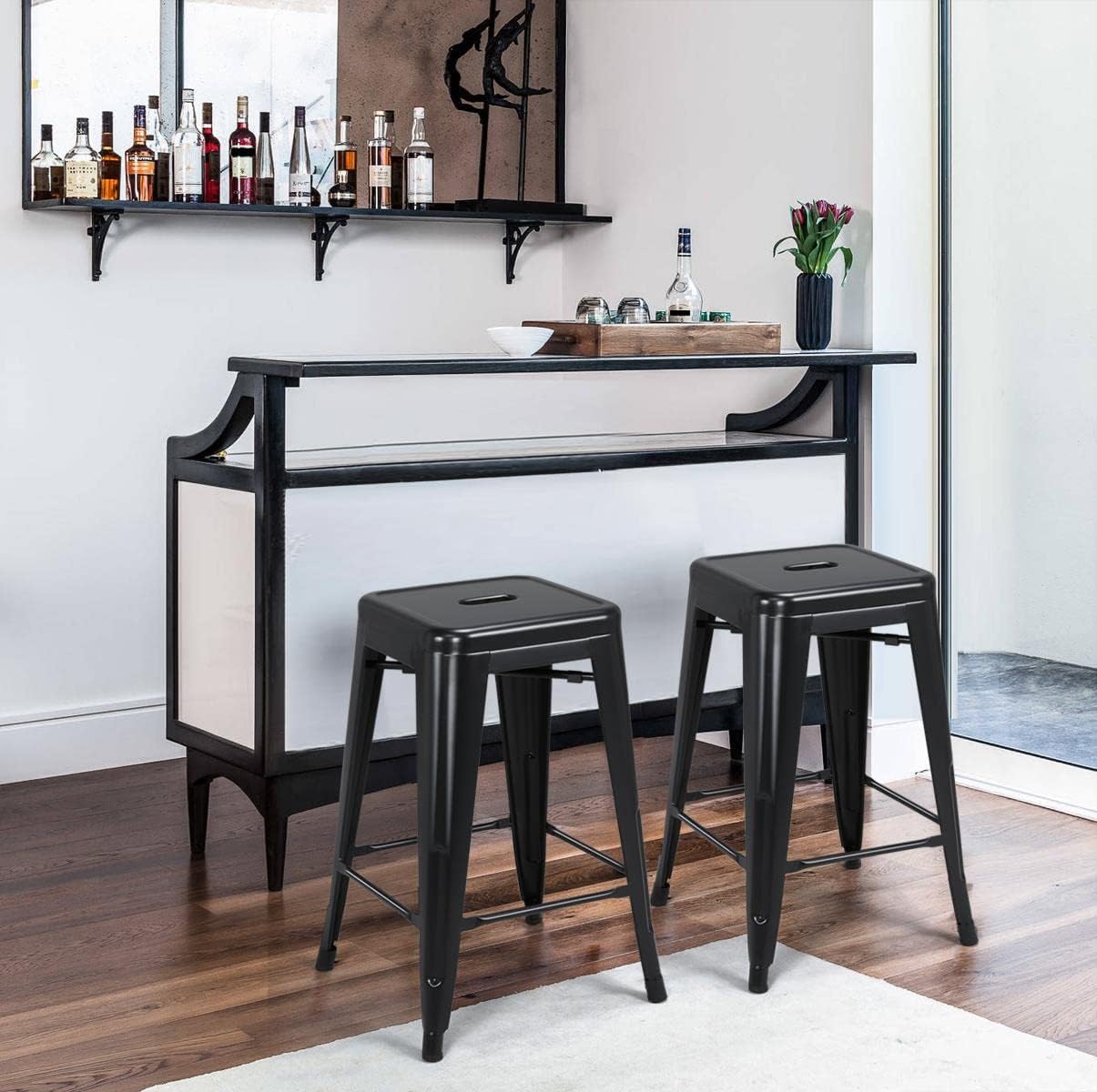 Yaheetech 24 inch barstools Set of 4 Counter Height Metal Bar Stools, Indoor/Outdoor Stackable Bartool Industrial High Backless Stools Black - Grand Goldman
