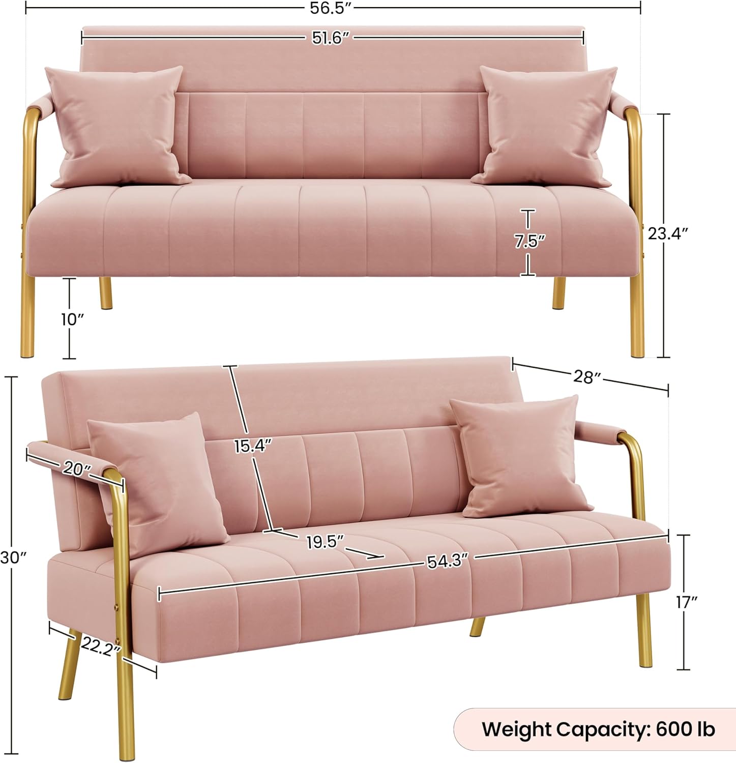 Yaheetech 56.5" W Modern Loveseat 2 Seater Sofa Luxurious Velvet Fabric Couch with Gold-Tone Metal Arms and Legs for Living Room, Home Office, Studio Pink - Grand Goldman