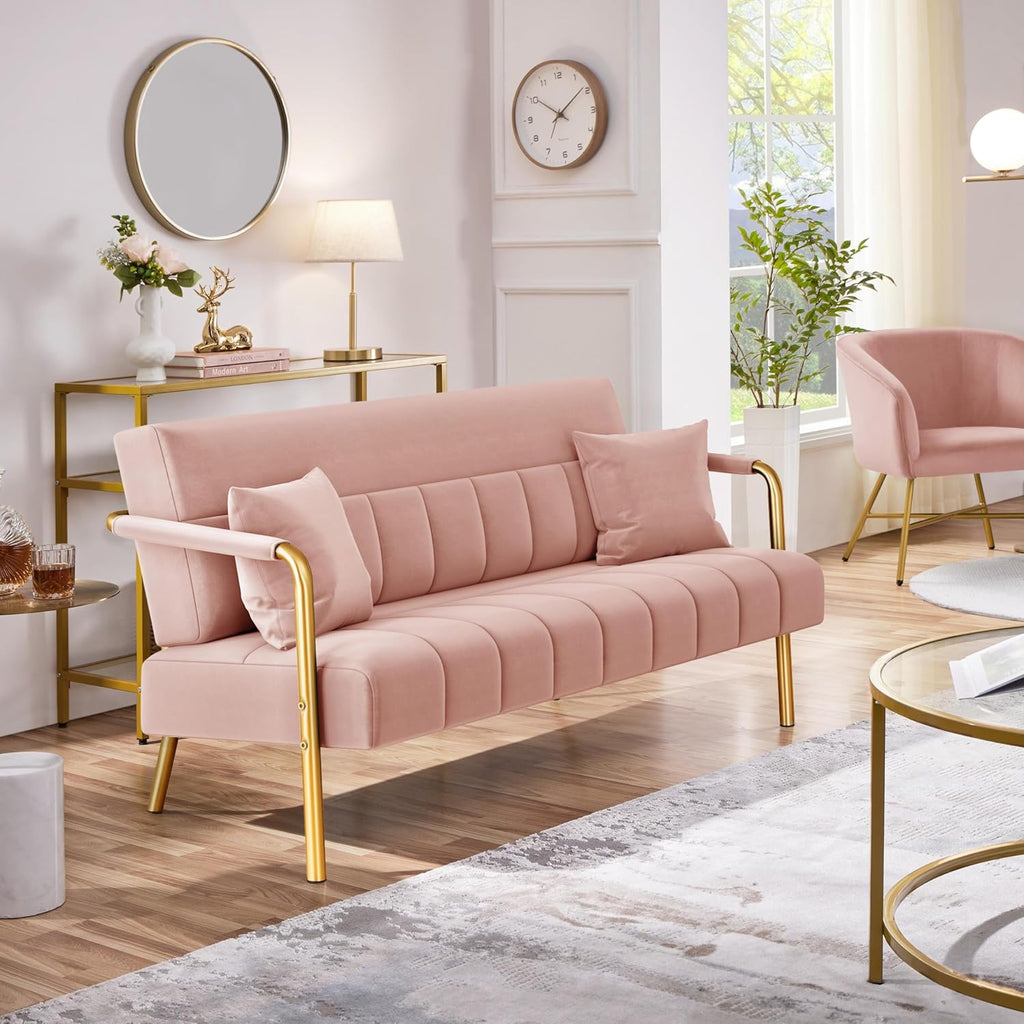Yaheetech 56.5" W Modern Loveseat 2 Seater Sofa Luxurious Velvet Fabric Couch with Gold-Tone Metal Arms and Legs for Living Room, Home Office, Studio Pink - Grand Goldman