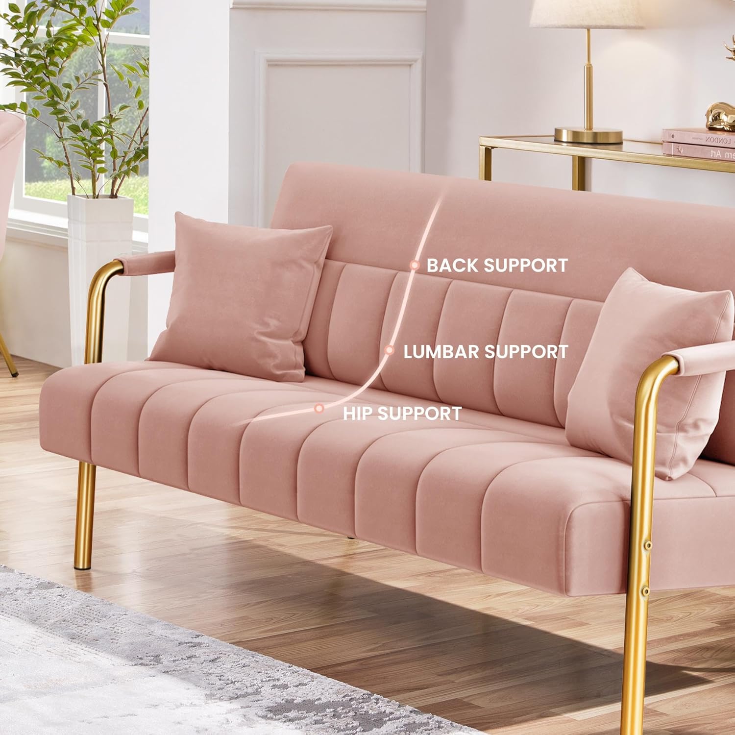 Yaheetech 56.5" W Modern Loveseat 2 Seater Sofa Luxurious Velvet Fabric Couch with Gold-Tone Metal Arms and Legs for Living Room, Home Office, Studio Pink - Grand Goldman