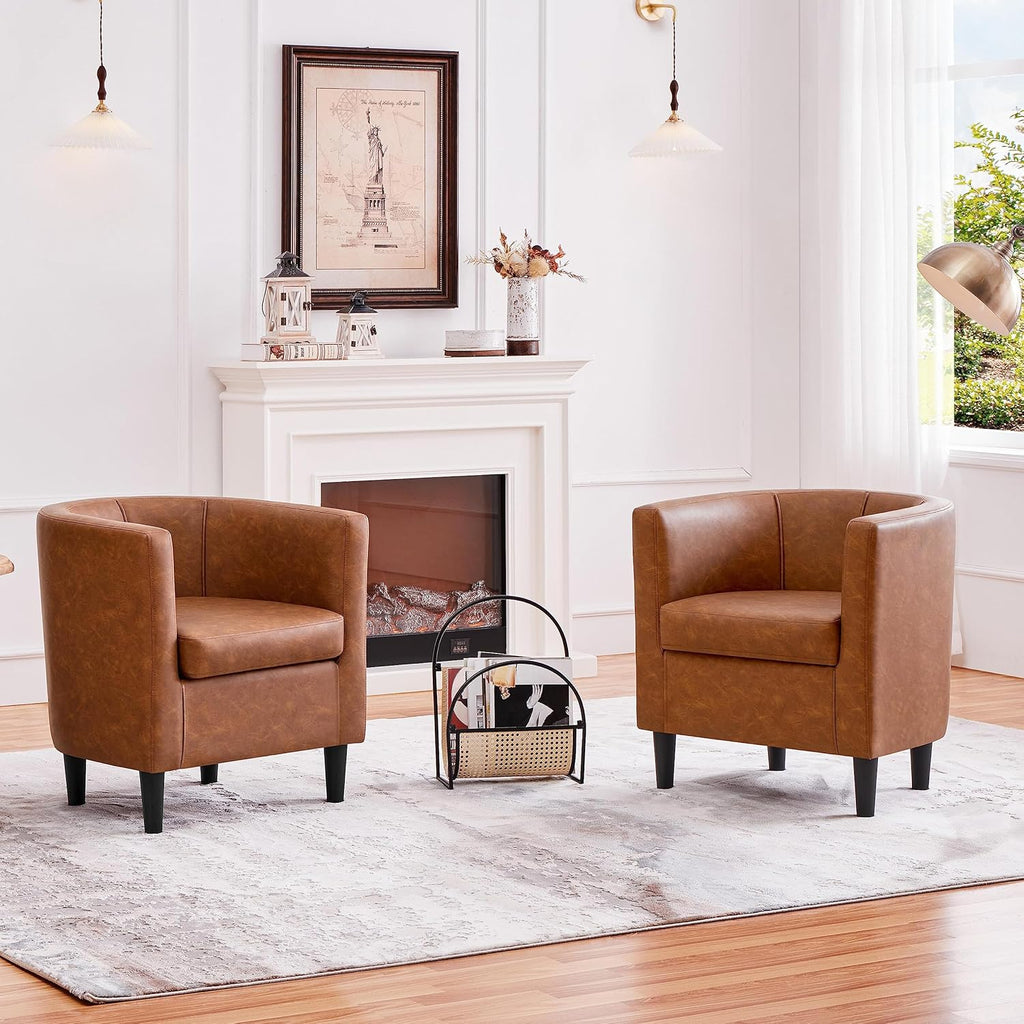 Yaheetech Accent Chair, PU Leather, Modern and Comfortable Armchairs, Upholstered Barrel Sofa Chair for Living Room Bedroom Waiting Room, 2PCS, Brown - Grand Goldman