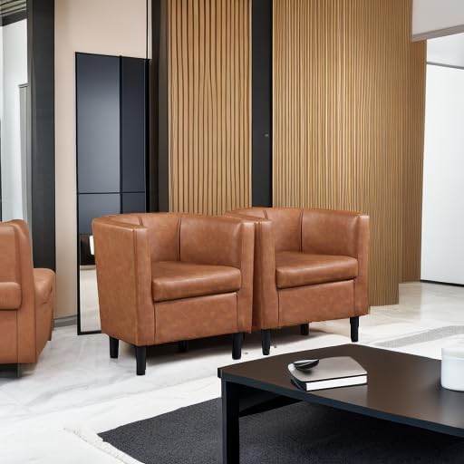 Yaheetech Accent Chair, PU Leather, Modern and Comfortable Armchairs, Upholstered Barrel Sofa Chair for Living Room Bedroom Waiting Room, 2PCS, Brown - Grand Goldman