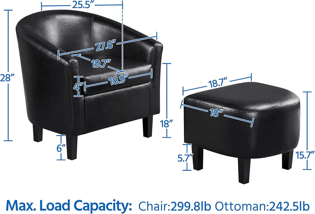 Yaheetech Accent Chair with Ottoman Set, Modern Faux Leather Upholstered Soft Barrel Chair and Footrest, Club Armchair and Footstool for Living Room/Bedroom/Reading Room/Guest Room, Black - Grand Goldman