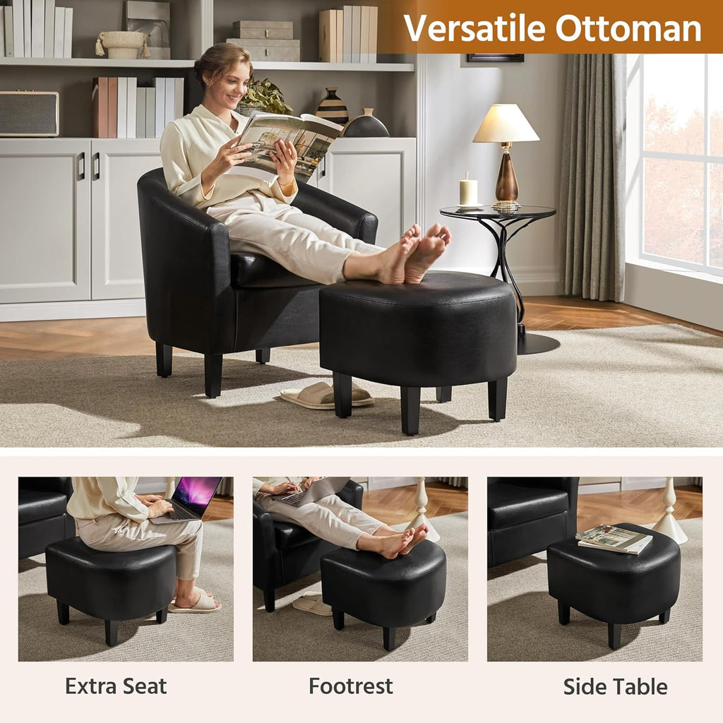 Yaheetech Accent Chair with Ottoman Set, Modern Faux Leather Upholstered Soft Barrel Chair and Footrest, Club Armchair and Footstool for Living Room/Bedroom/Reading Room/Guest Room, Black - Grand Goldman