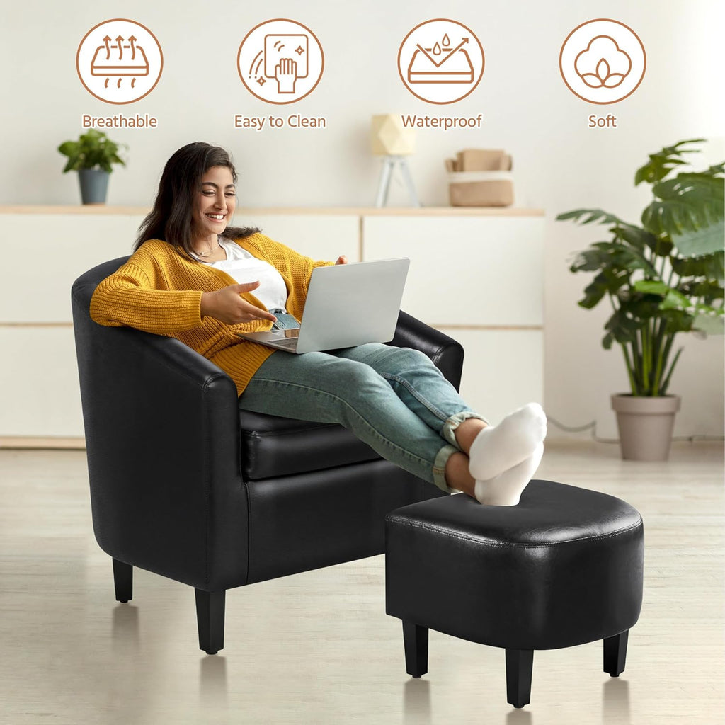 Yaheetech Accent Chair with Ottoman Set, Modern Faux Leather Upholstered Soft Barrel Chair and Footrest, Club Armchair and Footstool for Living Room/Bedroom/Reading Room/Guest Room, Black - Grand Goldman