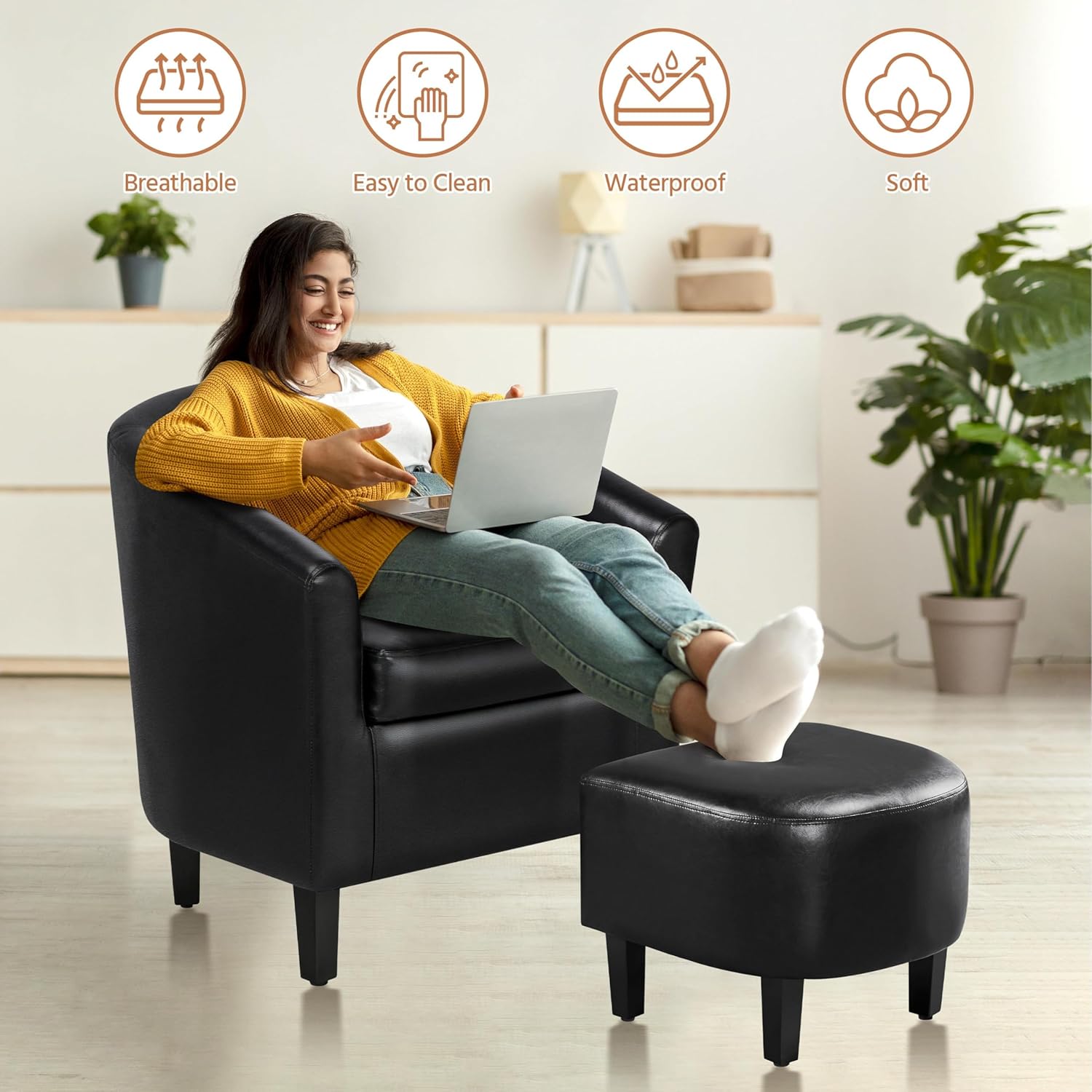 Yaheetech Accent Chair with Ottoman Set, Modern Faux Leather Upholstered Soft Barrel Chair and Footrest, Club Armchair and Footstool for Living Room/Bedroom/Reading Room/Guest Room, Black - Grand Goldman