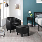 Yaheetech Accent Chair with Ottoman Set, Modern Faux Leather Upholstered Soft Barrel Chair and Footrest, Club Armchair and Footstool for Living Room/Bedroom/Reading Room/Guest Room, Black - Grand Goldman