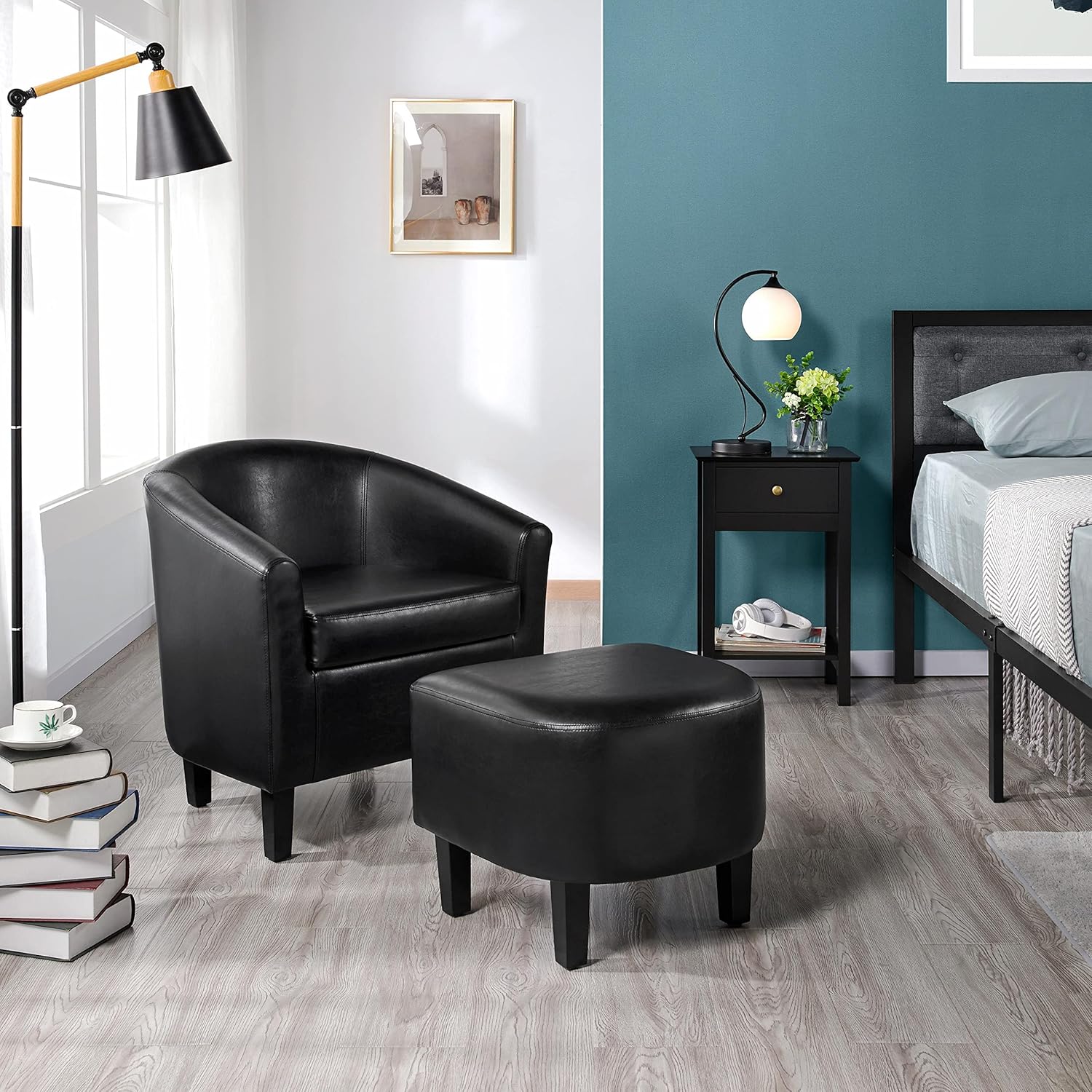 Yaheetech Accent Chair with Ottoman Set, Modern Faux Leather Upholstered Soft Barrel Chair and Footrest, Club Armchair and Footstool for Living Room/Bedroom/Reading Room/Guest Room, Black - Grand Goldman