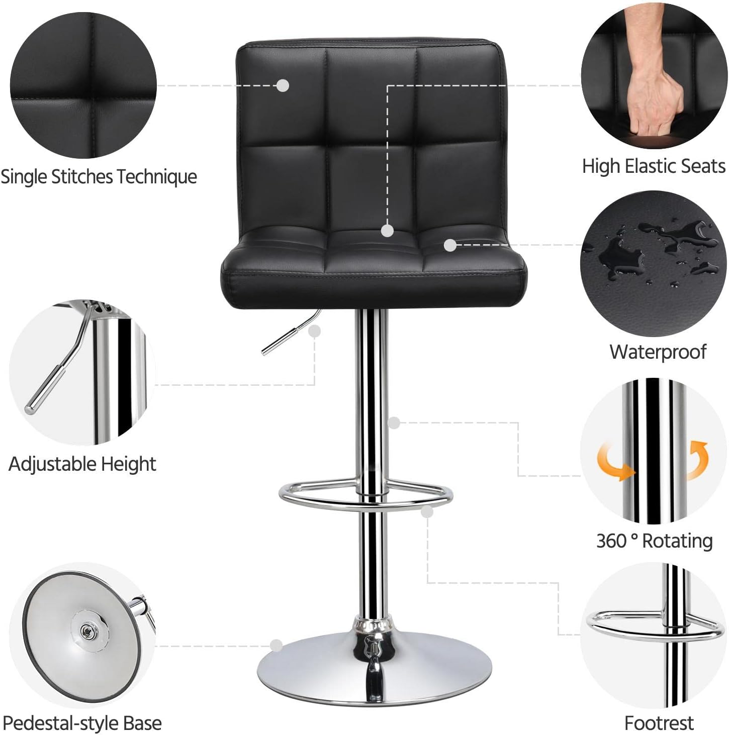 Yaheetech Bar Stools Set of 2, Adjustable PU Leather Swivel Barstools, Modern Counter Stools with Back and Footrest, Counter Height Barstools for Bar, Kitchen, Dining Room, Black - Grand Goldman