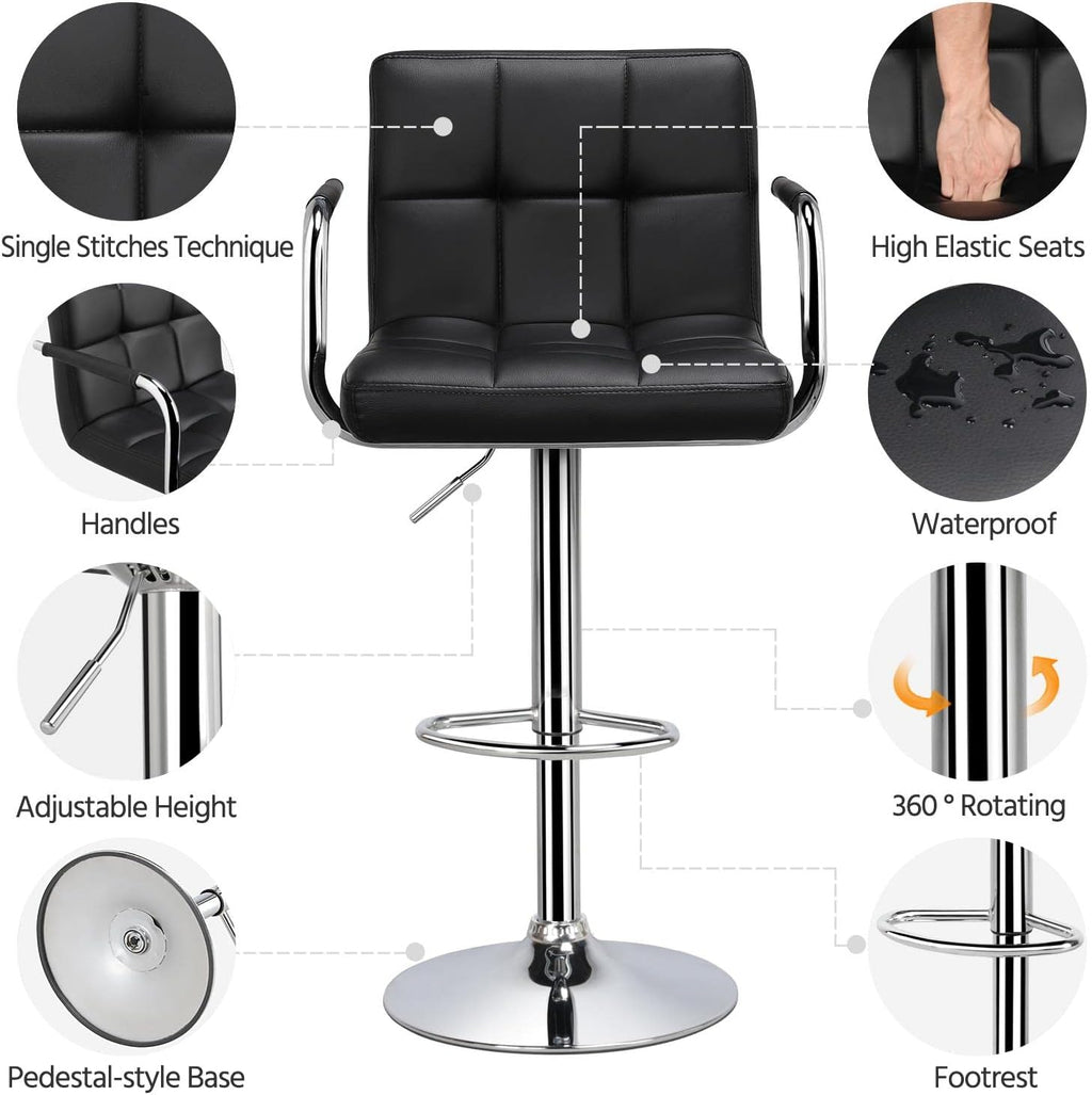 Yaheetech Bar Stools Set of 2, PU Leather Adjustable Swivel Barstools, Hydraulic Kitchen Counter Height Bar Chairs with Armrest and Back for Bar, Kitchen, Dining Room, Black - Grand Goldman