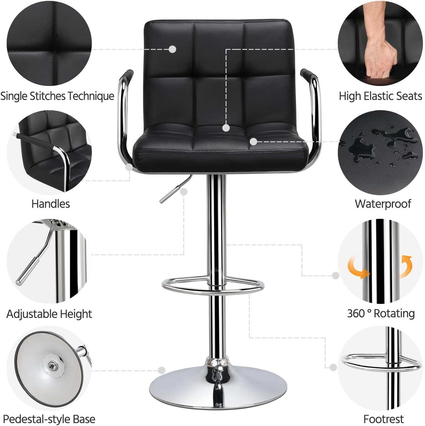 Yaheetech Bar Stools Set of 2, PU Leather Adjustable Swivel Barstools, Hydraulic Kitchen Counter Height Bar Chairs with Armrest and Back for Bar, Kitchen, Dining Room, Black - Grand Goldman