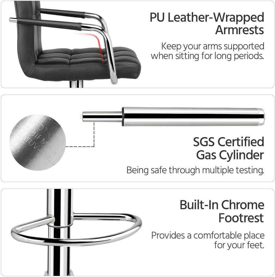 Yaheetech Bar Stools Set of 2, PU Leather Adjustable Swivel Barstools, Hydraulic Kitchen Counter Height Bar Chairs with Armrest and Back for Bar, Kitchen, Dining Room, Black - Grand Goldman