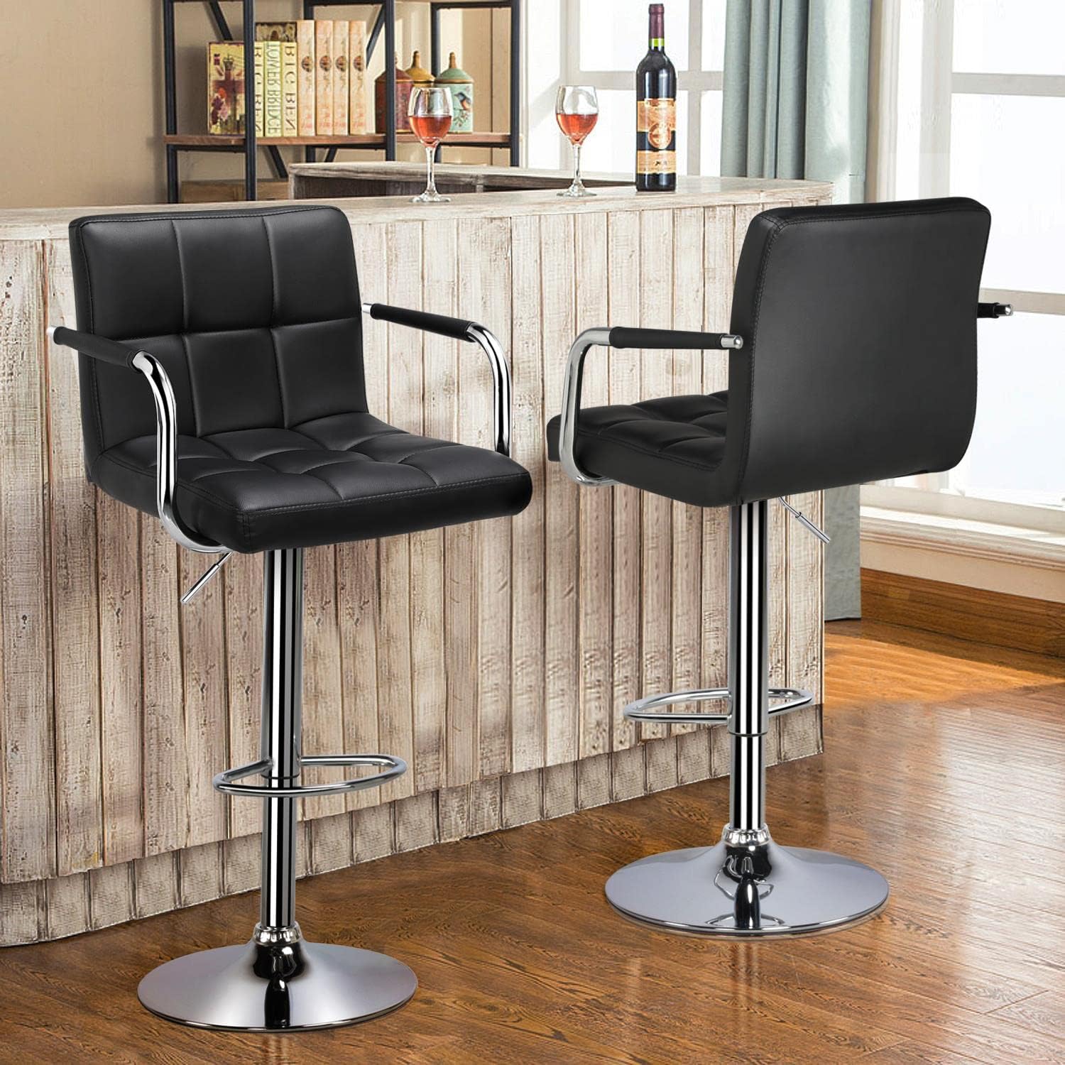 Yaheetech Bar Stools Set of 2, PU Leather Adjustable Swivel Barstools, Hydraulic Kitchen Counter Height Bar Chairs with Armrest and Back for Bar, Kitchen, Dining Room, Black - Grand Goldman