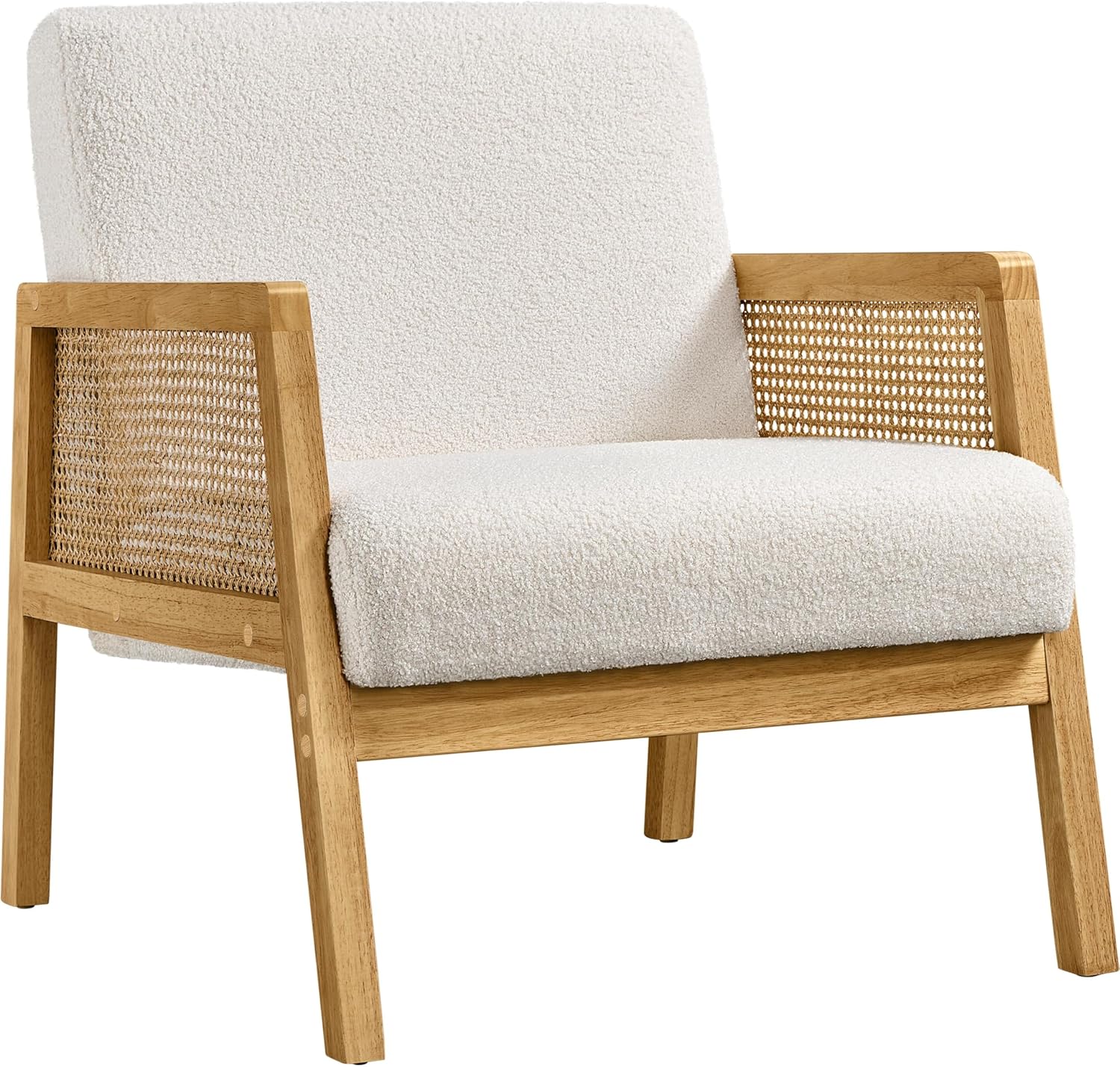 Yaheetech Boucle Fabric Accent Chair, Vintage Rattan Vanity Chair with Wood Armrest and Legs for Living Room Bedroom Makeup Room, Ivory 1 - Grand Goldman