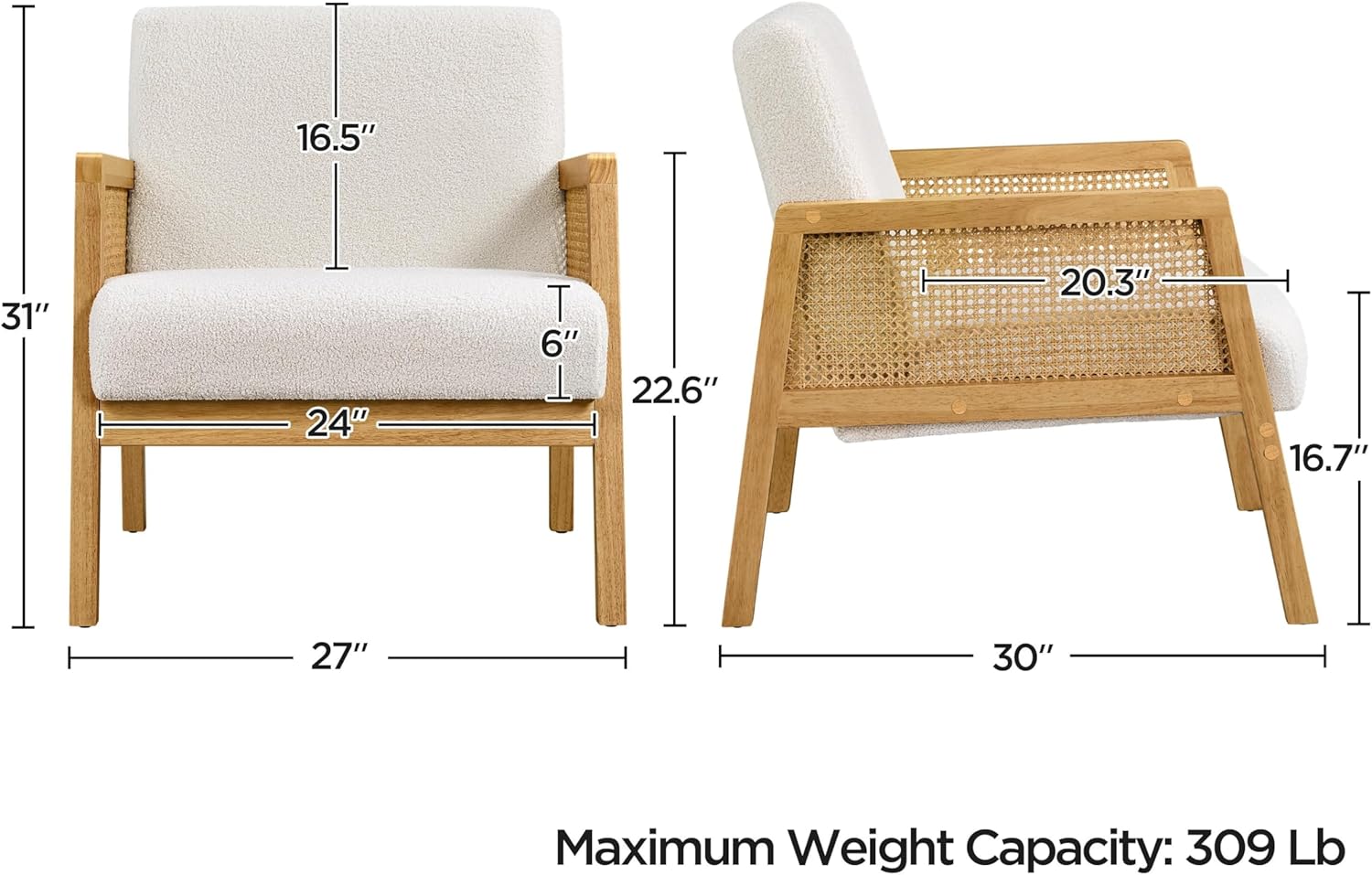 Yaheetech Boucle Fabric Accent Chair, Vintage Rattan Vanity Chair with Wood Armrest and Legs for Living Room Bedroom Makeup Room, Ivory 1 - Grand Goldman