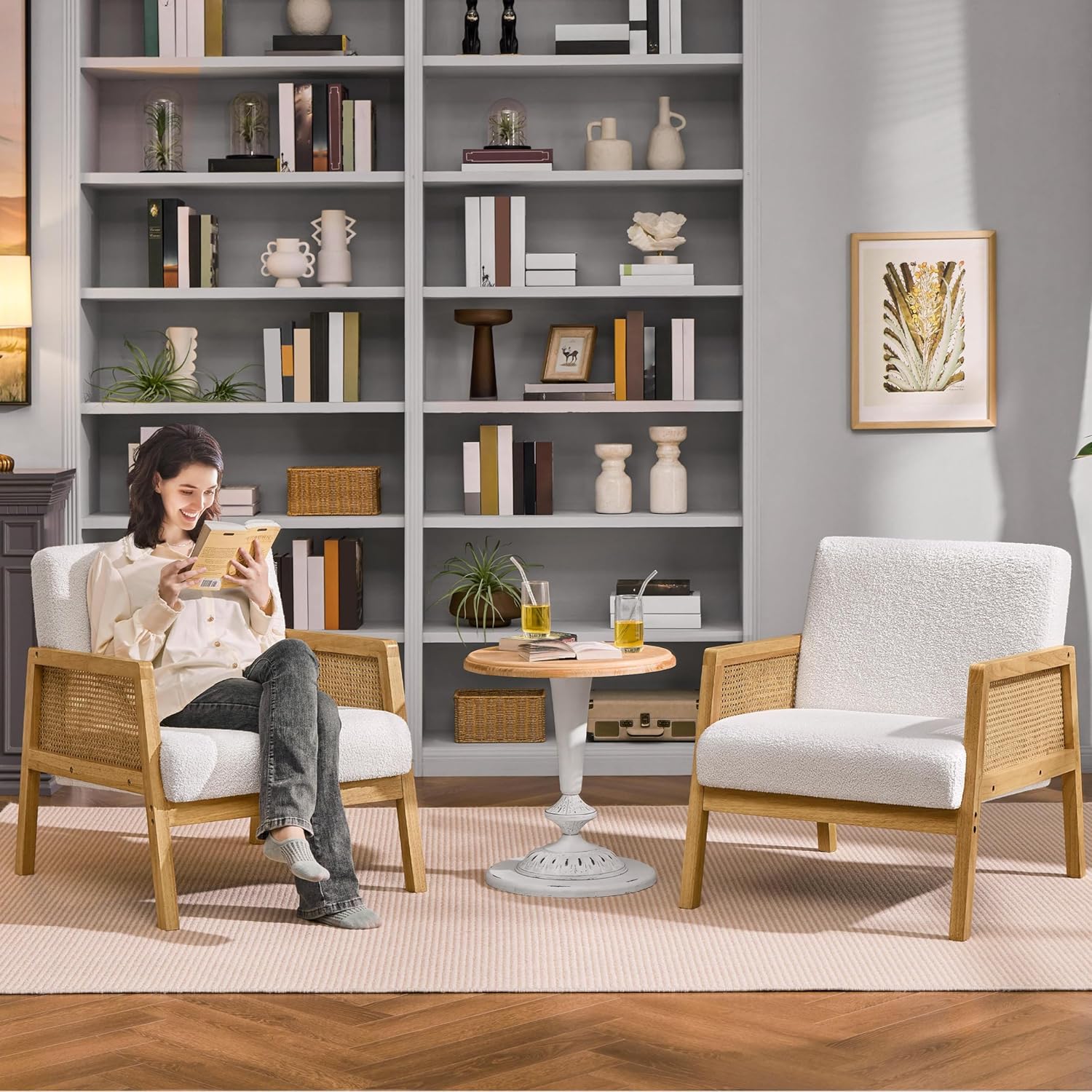 Yaheetech Boucle Fabric Accent Chair, Vintage Rattan Vanity Chair with Wood Armrest and Legs for Living Room Bedroom Makeup Room, Ivory 1 - Grand Goldman