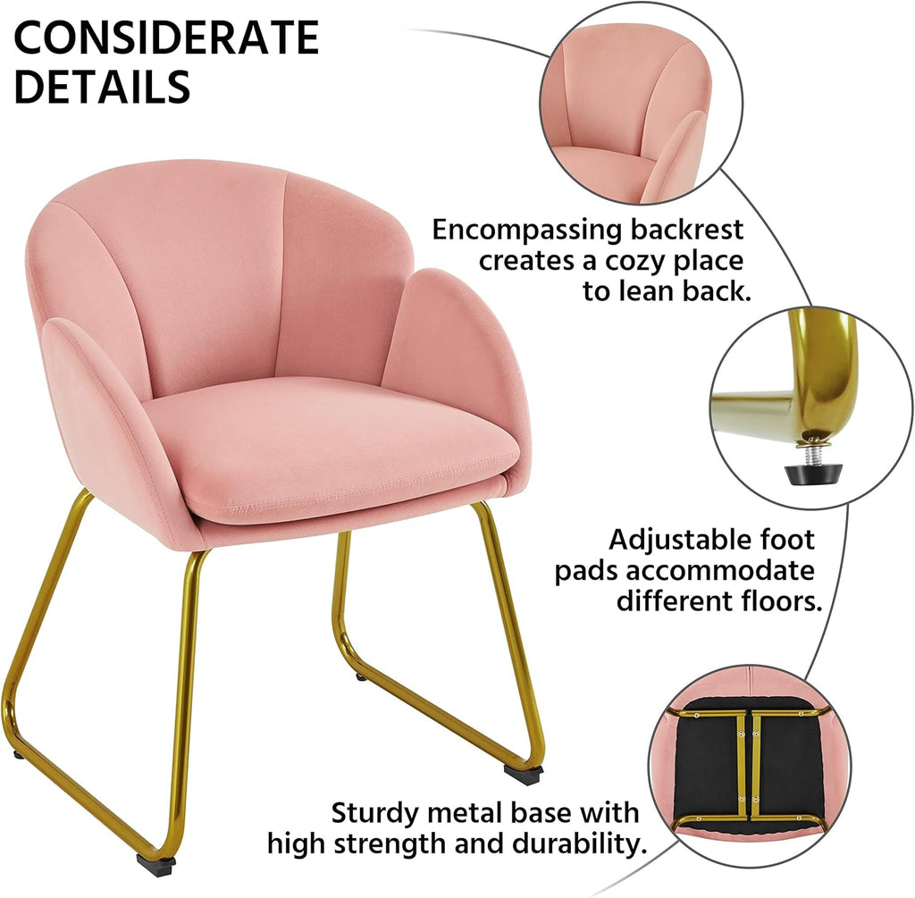 Yaheetech Flower Shape Velvet Vanity Chair Armchair, Modern Side Chair Makeup Chair no Wheels with Golden Metal Legs for Living Room/Dressing Room/Bedroom/Home Office/Kitchen, Pink - Grand Goldman