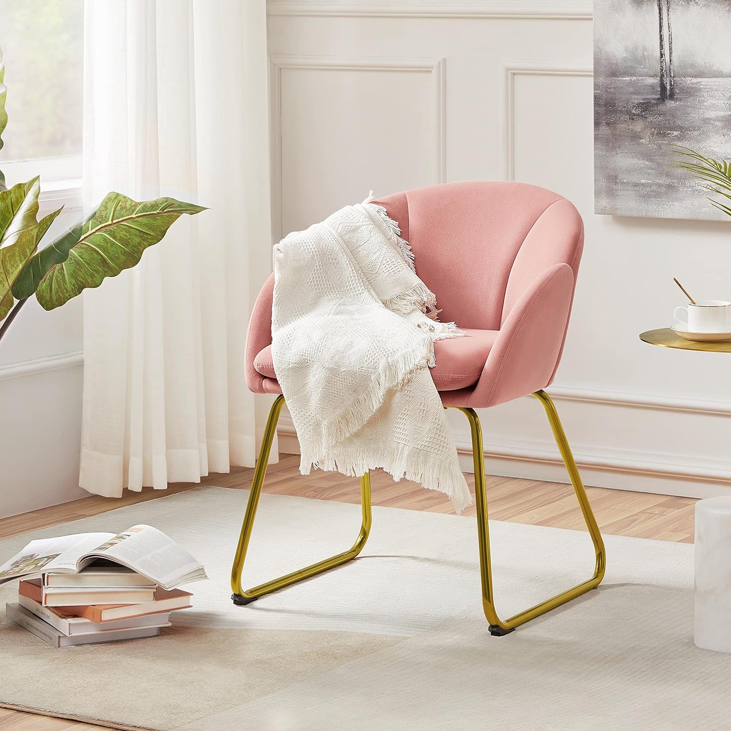 Yaheetech Flower Shape Velvet Vanity Chair Armchair, Modern Side Chair Makeup Chair no Wheels with Golden Metal Legs for Living Room/Dressing Room/Bedroom/Home Office/Kitchen, Pink - Grand Goldman
