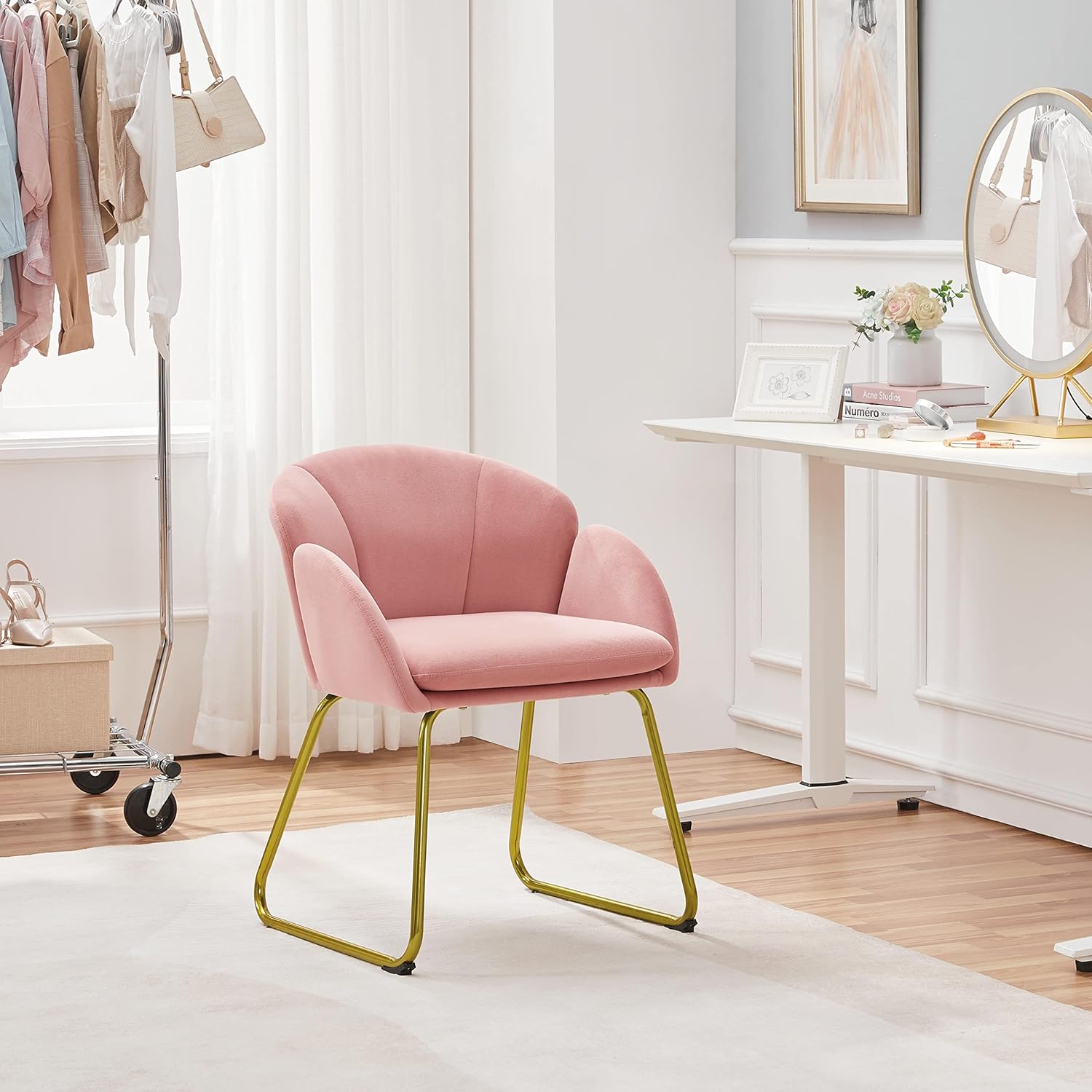 Yaheetech Flower Shape Velvet Vanity Chair Armchair, Modern Side Chair Makeup Chair no Wheels with Golden Metal Legs for Living Room/Dressing Room/Bedroom/Home Office/Kitchen, Pink - Grand Goldman