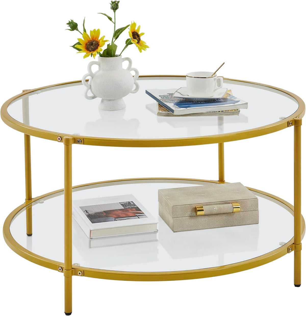 Yaheetech Gold Glass Coffee Table for Living Room, 36" Round Glass Coffee Table with Metal Frame, Circle Coffee Table for Home, Office, Apartment - Grand Goldman