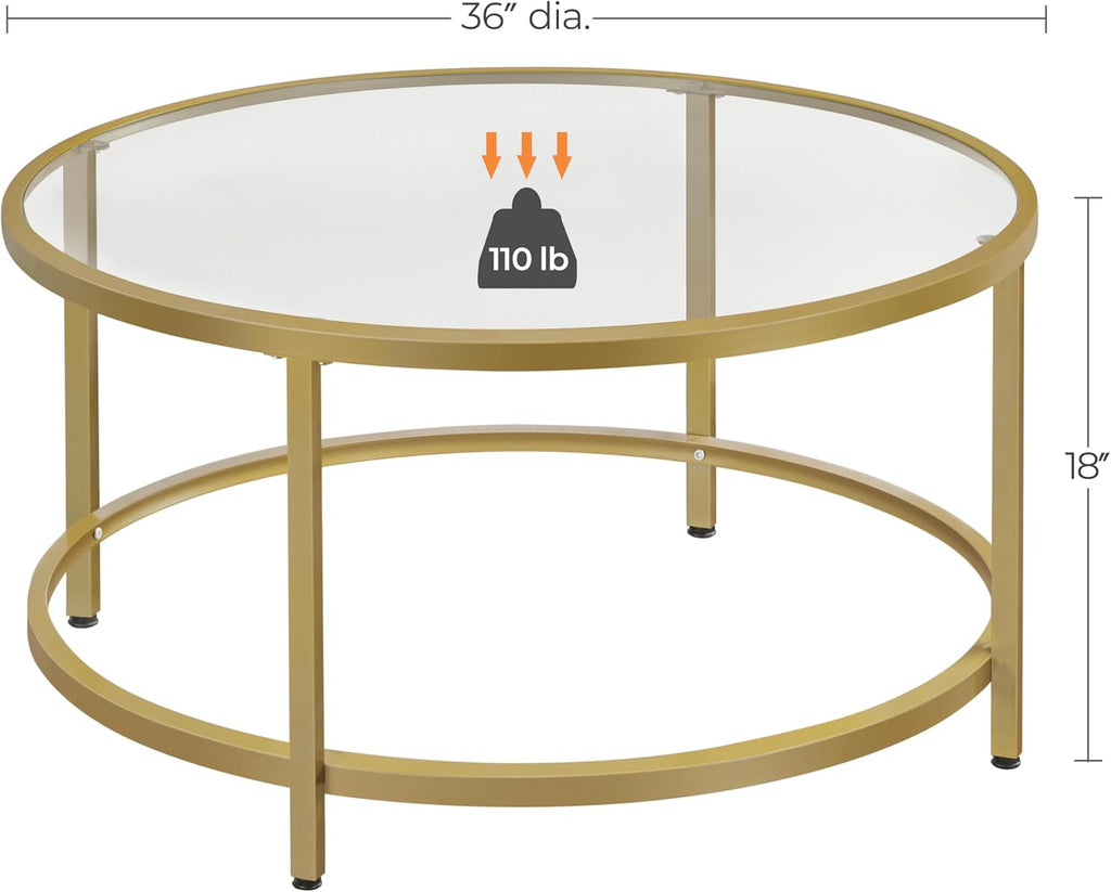 Yaheetech Gold Glass Coffee Table for Living Room, 36" Round Glass Coffee Table with Metal Frame, Circle Coffee Table for Home, Office, Apartment - Grand Goldman