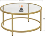 Yaheetech Gold Glass Coffee Table for Living Room, 36" Round Glass Coffee Table with Metal Frame, Circle Coffee Table for Home, Office, Apartment - Grand Goldman