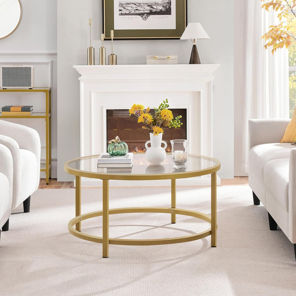 Yaheetech Gold Glass Coffee Table for Living Room, 36" Round Glass Coffee Table with Metal Frame, Circle Coffee Table for Home, Office, Apartment - Grand Goldman