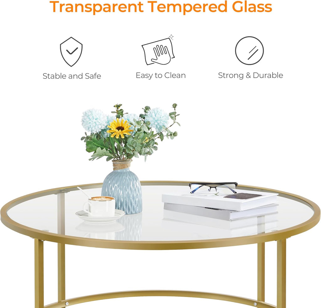 Yaheetech Gold Glass Coffee Table for Living Room, 36" Round Glass Coffee Table with Metal Frame, Circle Coffee Table for Home, Office, Apartment - Grand Goldman