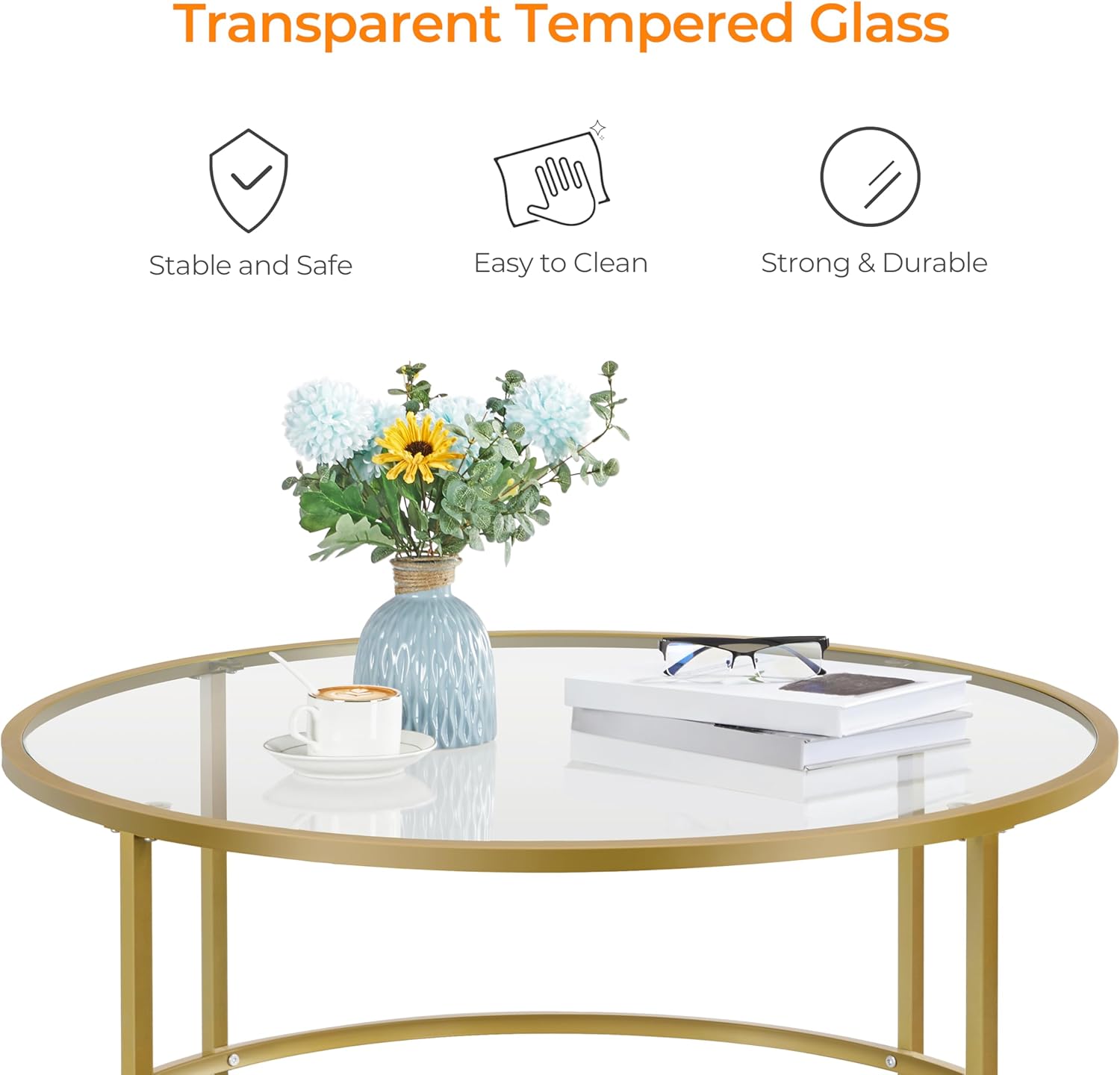 Yaheetech Gold Glass Coffee Table for Living Room, 36" Round Glass Coffee Table with Metal Frame, Circle Coffee Table for Home, Office, Apartment - Grand Goldman