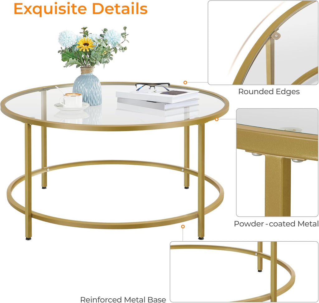 Yaheetech Gold Glass Coffee Table for Living Room, 36" Round Glass Coffee Table with Metal Frame, Circle Coffee Table for Home, Office, Apartment - Grand Goldman
