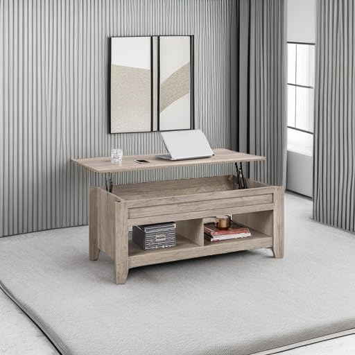 Yaheetech Lift Top Coffee Table with Hidden Storage Compartment & Lower Shelf, Lift Tabletop Farmhouse Table for Living Room Office Reception, 47.5in L, Gray - Grand Goldman