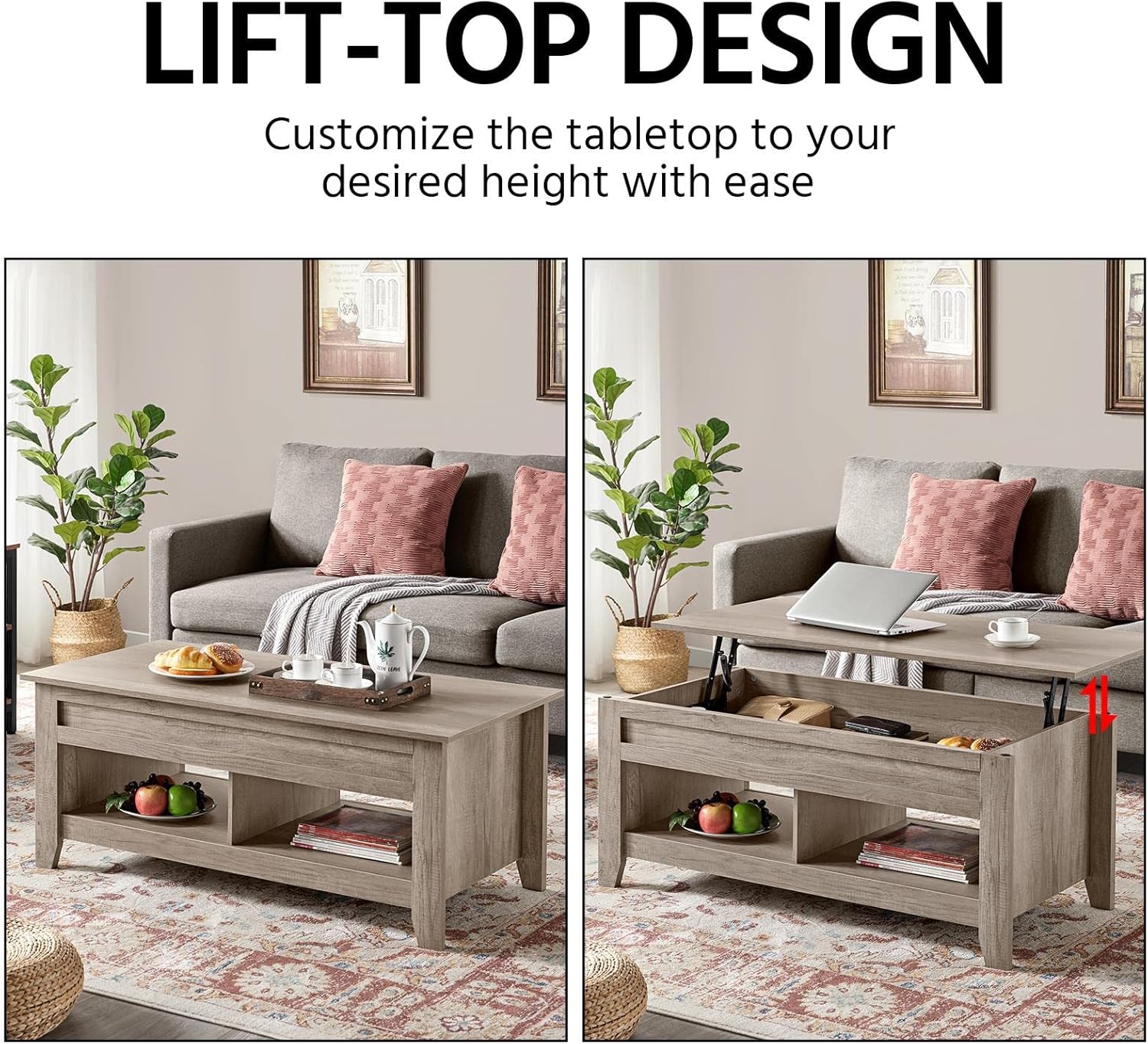 Yaheetech Lift Top Coffee Table with Hidden Storage Compartment & Lower Shelf, Lift Tabletop Farmhouse Table for Living Room Office Reception, 47.5in L, Gray - Grand Goldman