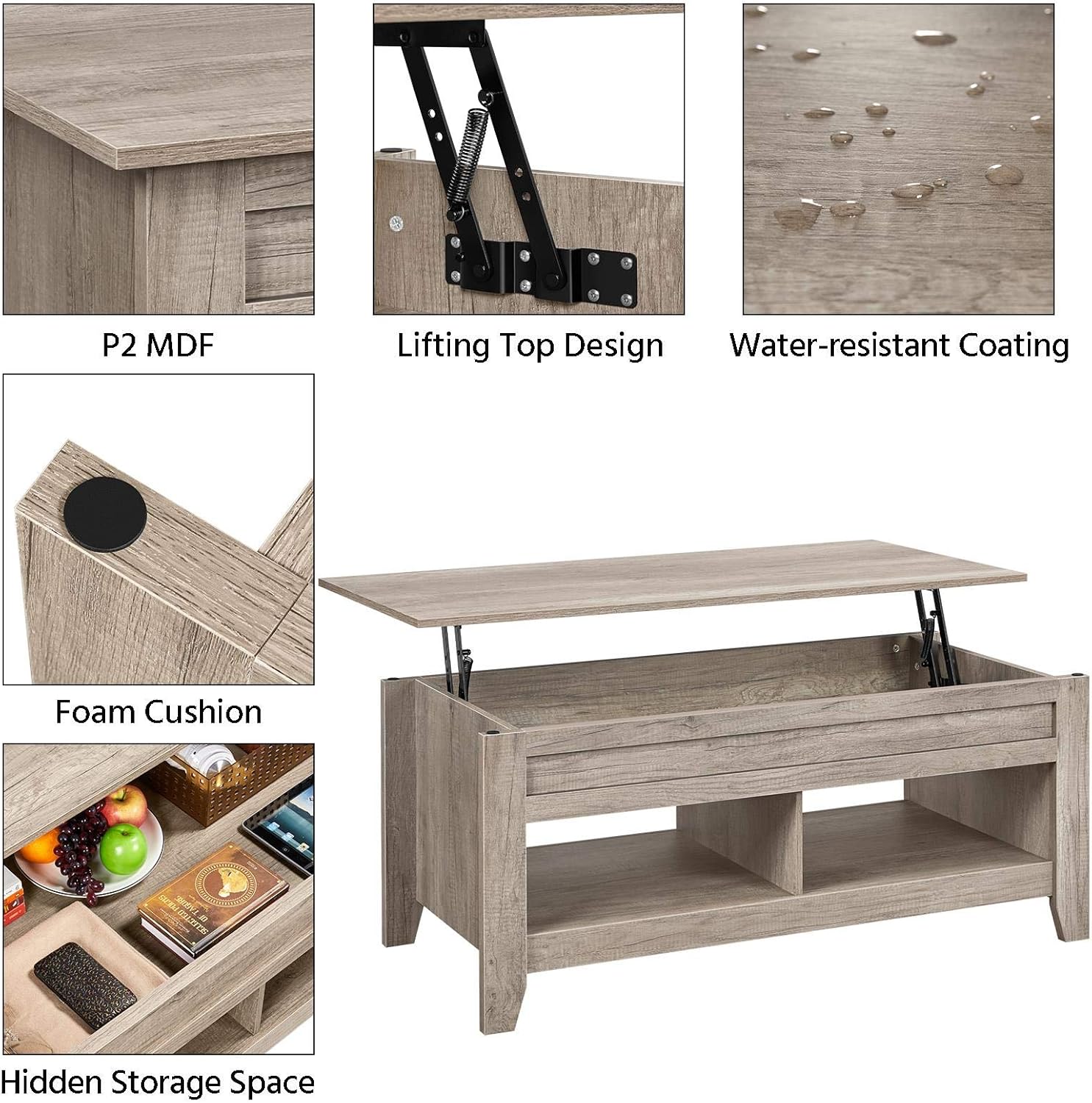 Yaheetech Lift Top Coffee Table with Hidden Storage Compartment & Lower Shelf, Lift Tabletop Farmhouse Table for Living Room Office Reception, 47.5in L, Gray - Grand Goldman