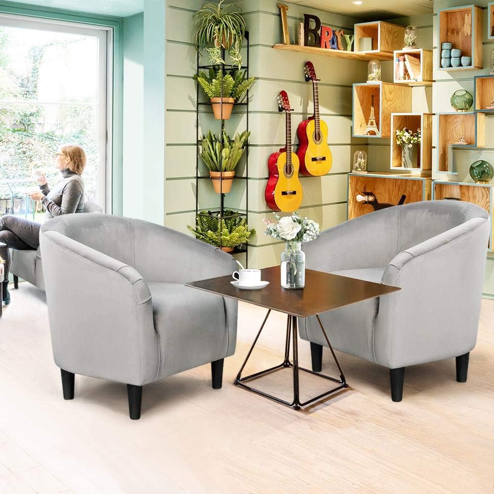 Yaheetech Living Room Chair, Velvet Accent Upholstered Barrel Sitting Chair with Armrest and Low Back for Bedroom, Grey - Grand Goldman