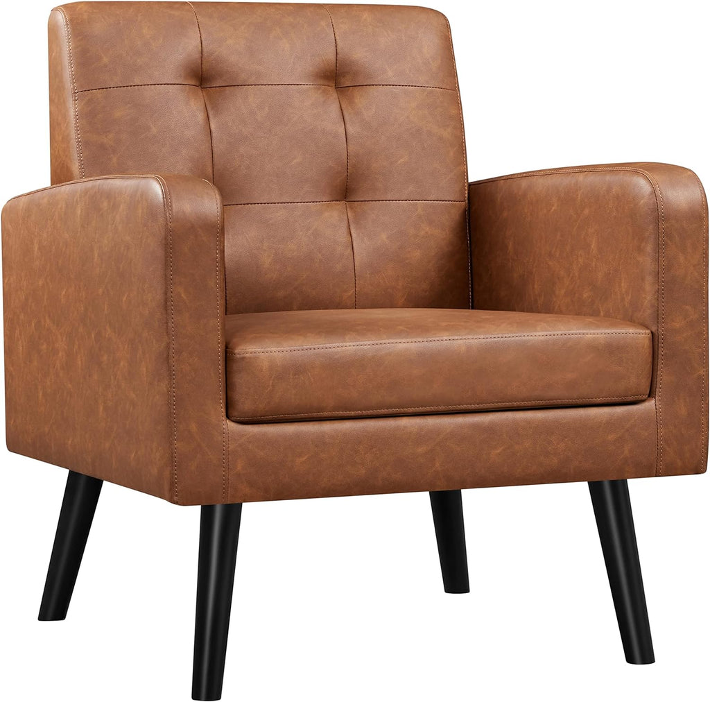Yaheetech Mid-Century Accent Chairs, PU Leather Modern Upholstered Living Room Chair, Cozy Armchair Button Tufted Back and Wood Legs for Bedroom/Office/Cafe, Retro Brown - Grand Goldman