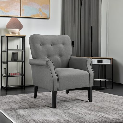 Yaheetech Modern Armchair, Mid Century Accent Chair with Sturdy Wood Legs and High Back for Small Space, Upholstered Fabric Sofa Club Chair for Living Room/Bedroom/Office, Dark Gray - Grand Goldman