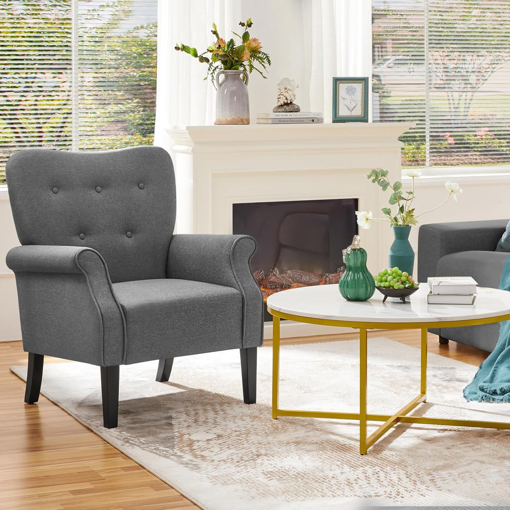 Yaheetech Modern Armchair, Mid Century Accent Chair with Sturdy Wood Legs and High Back for Small Space, Upholstered Fabric Sofa Club Chair for Living Room/Bedroom/Office, Dark Gray - Grand Goldman