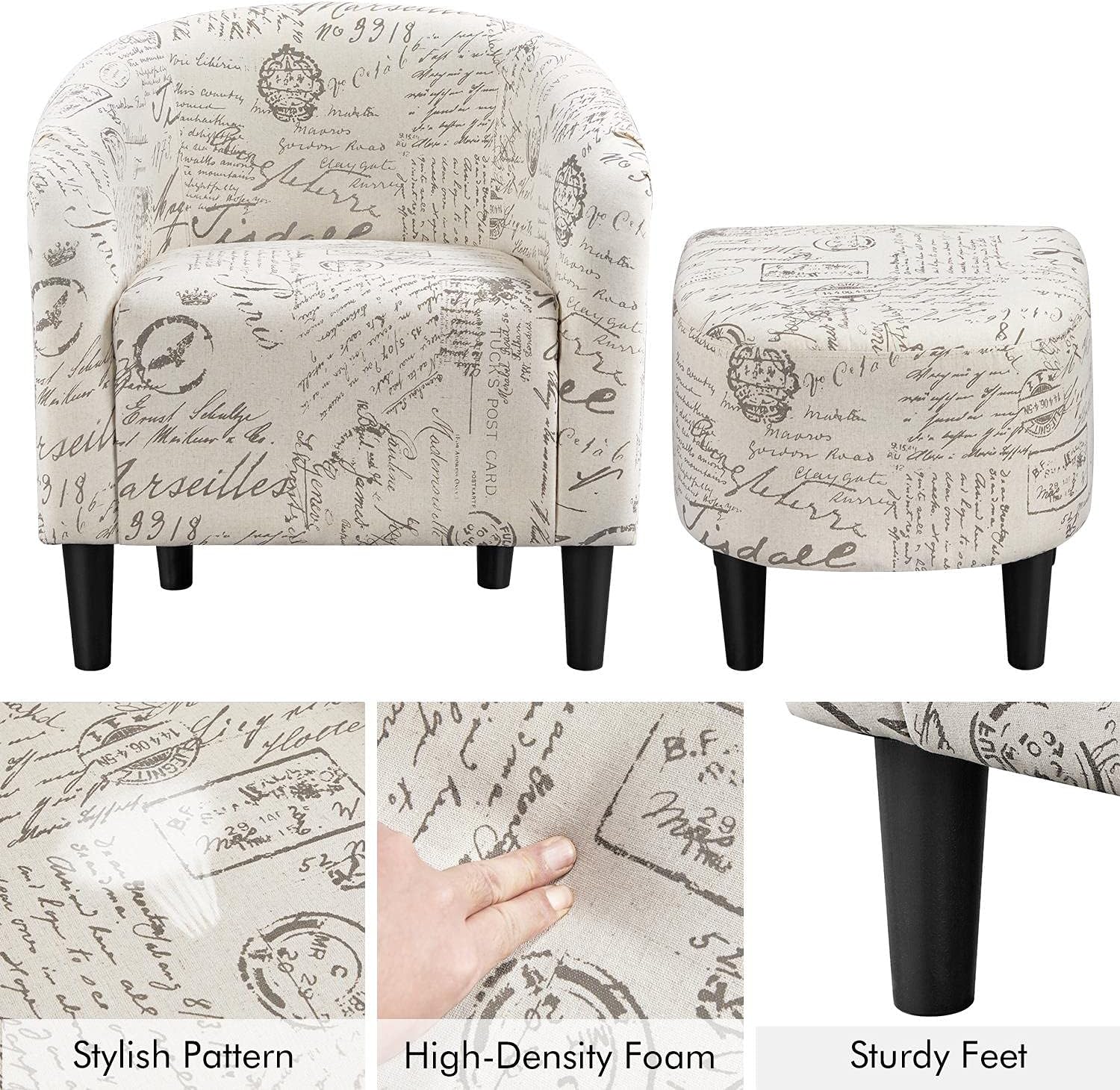 Yaheetech Modren Club Chair with Ottoman, Fabric Accent Armchair with Footstool, Upholstered Barrel Chair and Footrest for Living Room Bedroom Guestroom, Letter Print - Grand Goldman