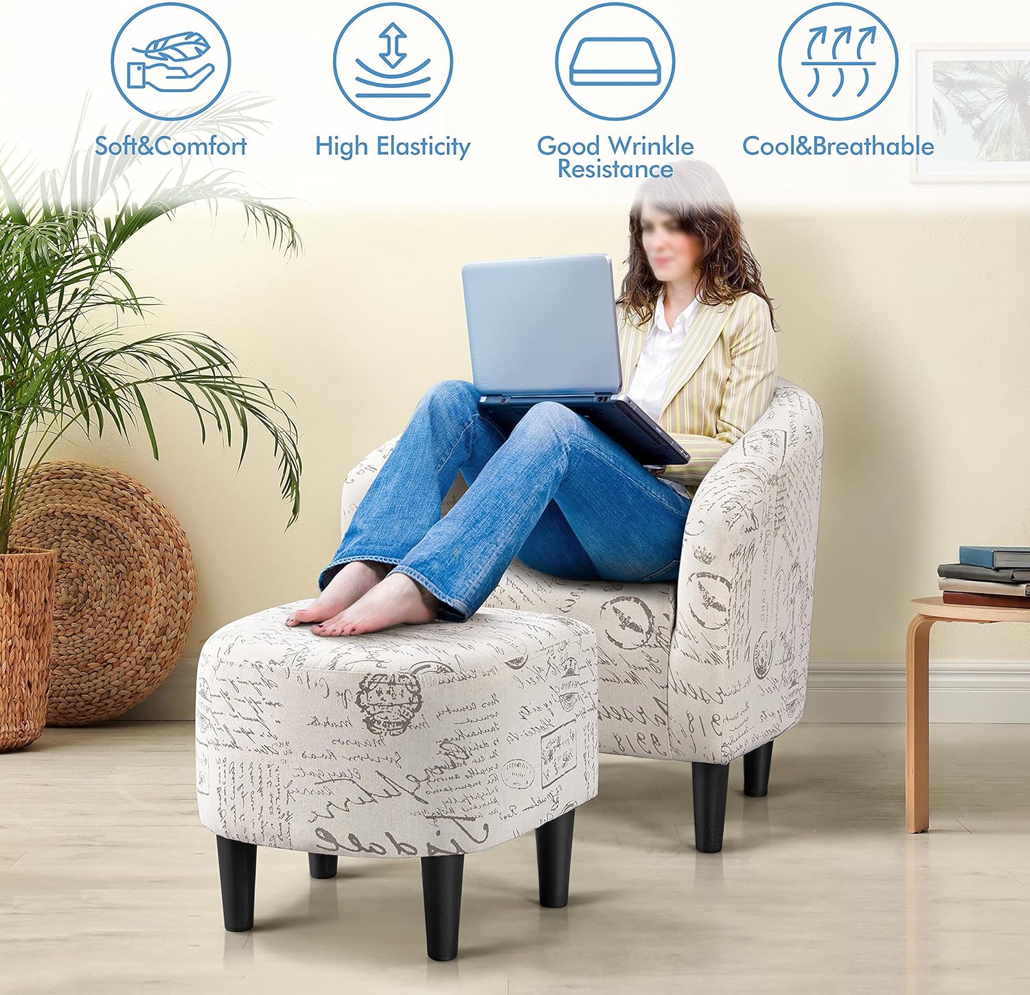 Yaheetech Modren Club Chair with Ottoman, Fabric Accent Armchair with Footstool, Upholstered Barrel Chair and Footrest for Living Room Bedroom Guestroom, Letter Print - Grand Goldman