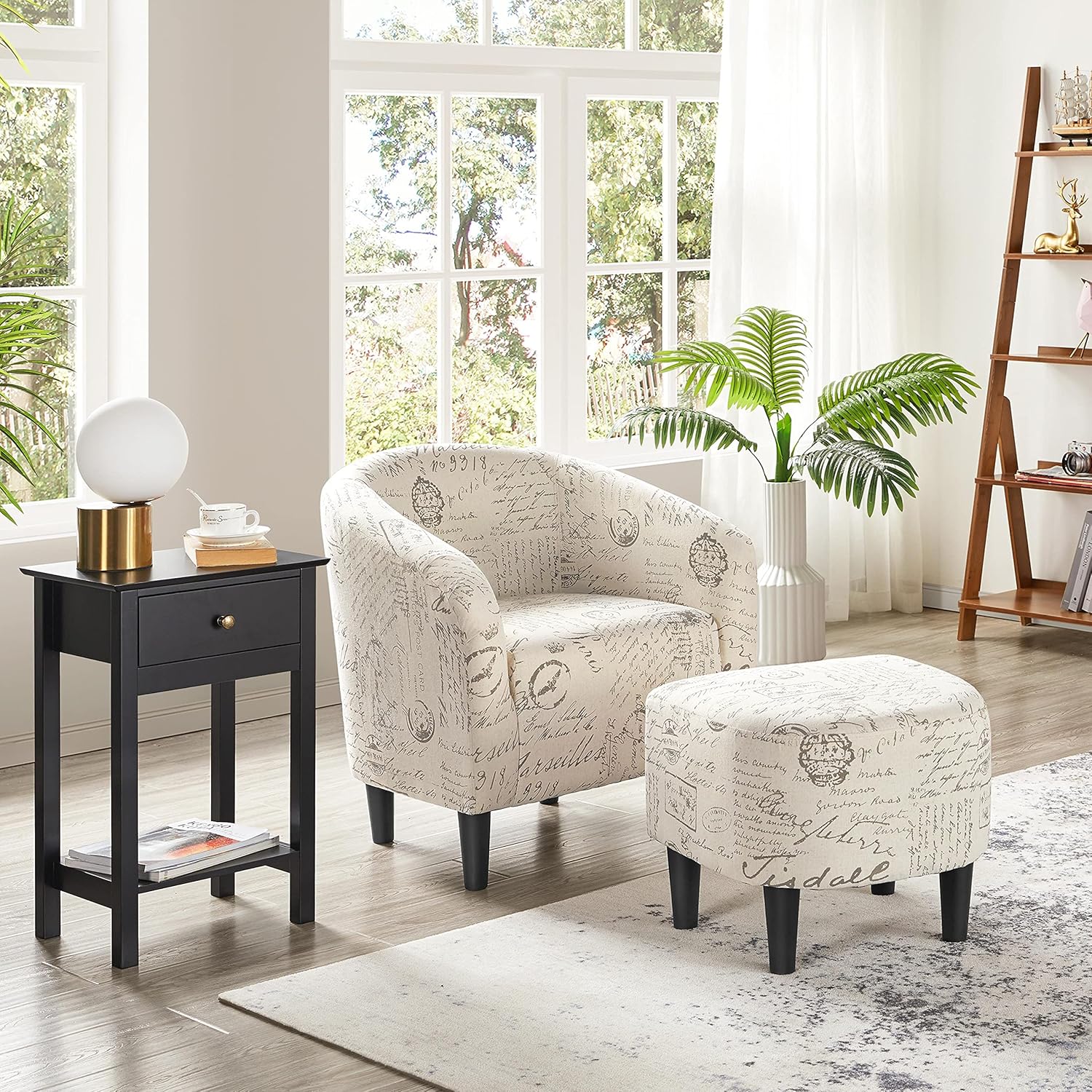 Yaheetech Modren Club Chair with Ottoman, Fabric Accent Armchair with Footstool, Upholstered Barrel Chair and Footrest for Living Room Bedroom Guestroom, Letter Print - Grand Goldman